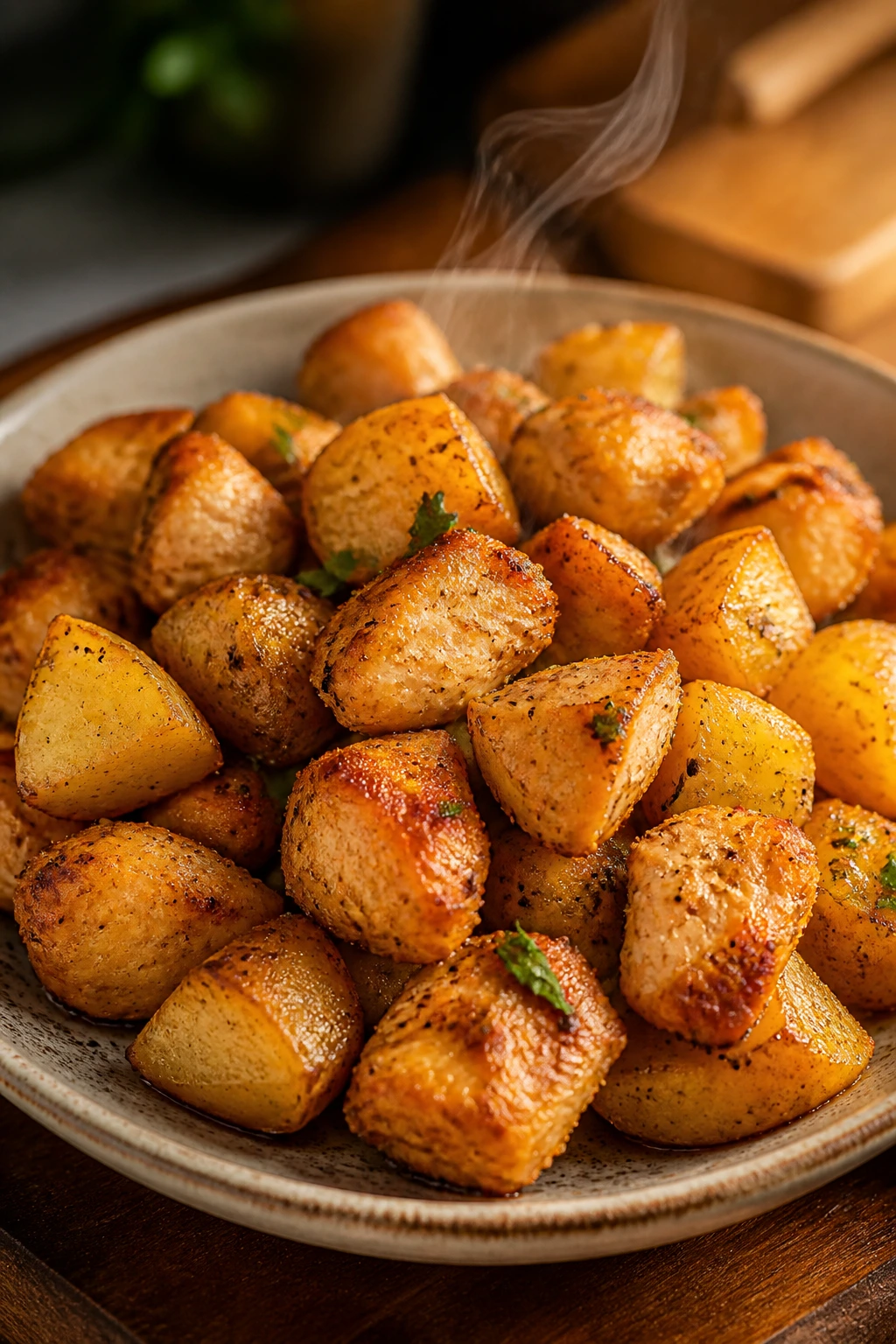 Close-up of crispy chicken and potato bites on a rustic plate