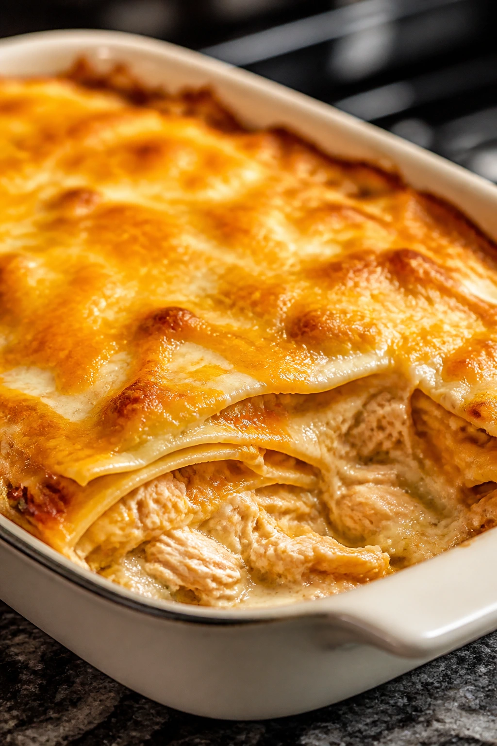 Close-up of chicken quesadilla casserole with layered tortillas and melted cheese