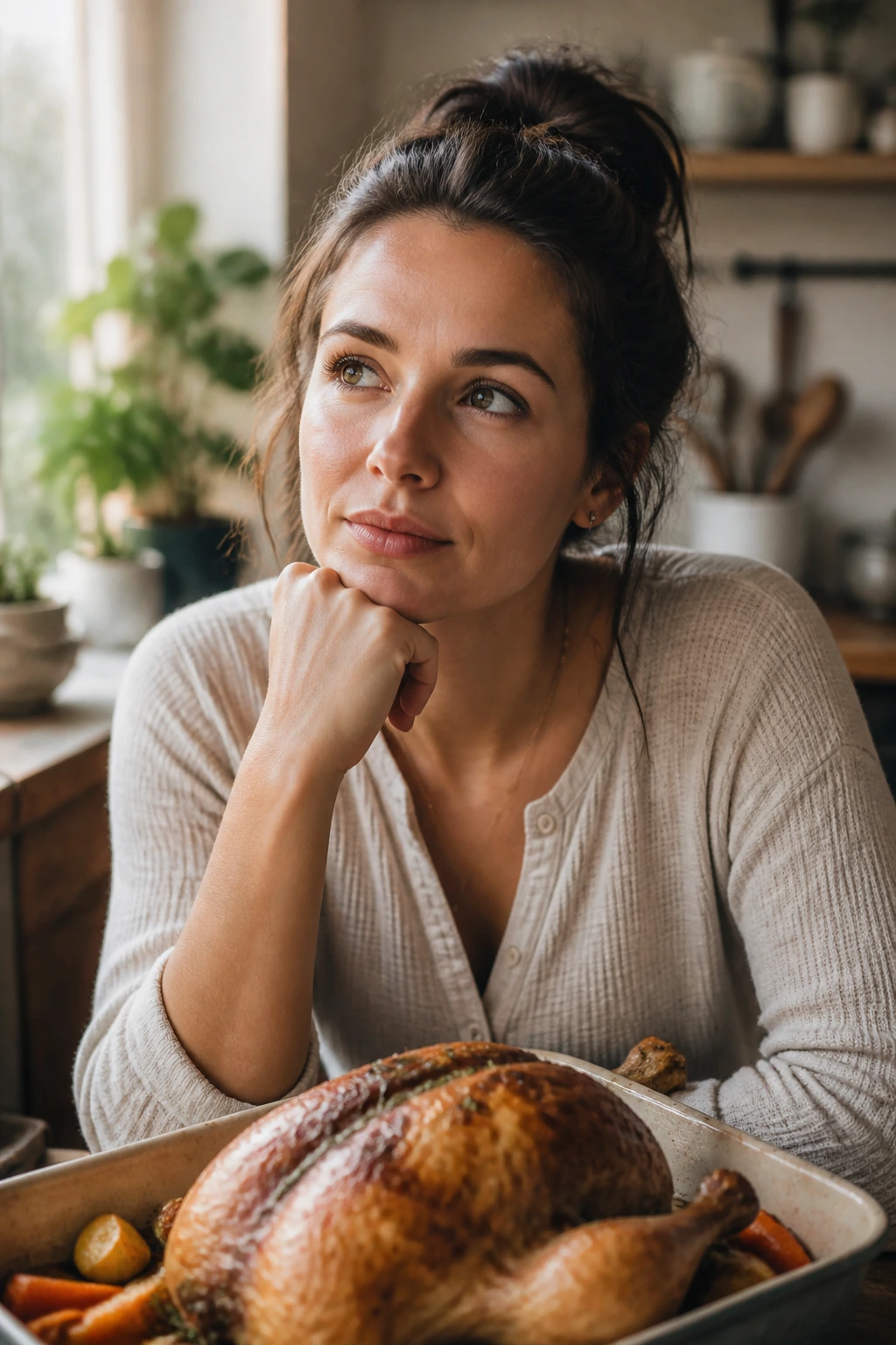 Portrait of a curious person in a kitchen, symbolizing questions people ask about chicken dinners