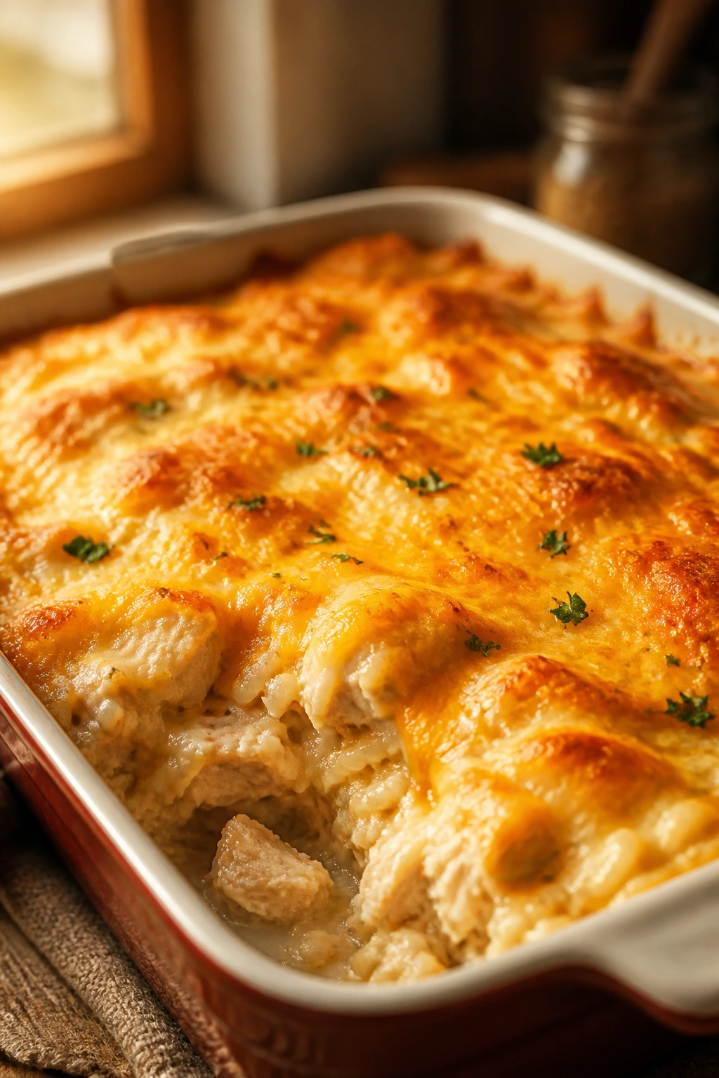 Close-up of creamy chicken and rice casserole with sharp cheddar topping