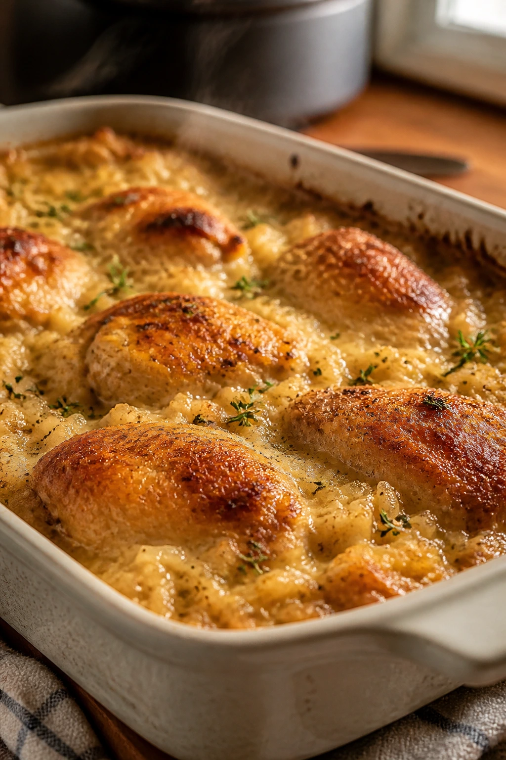 Creamy chicken and rice casserole in a baking dish with golden edges, cozy kitchen scene