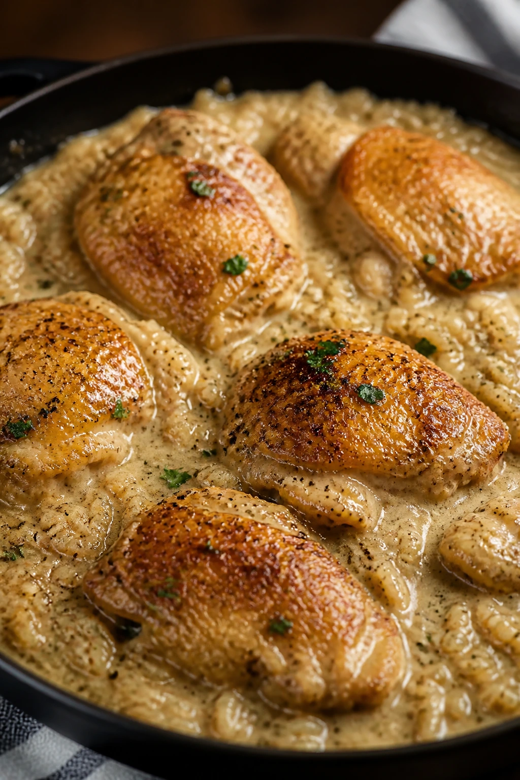 Chicken thighs in gravy over rice in a skillet on a warm kitchen backdrop