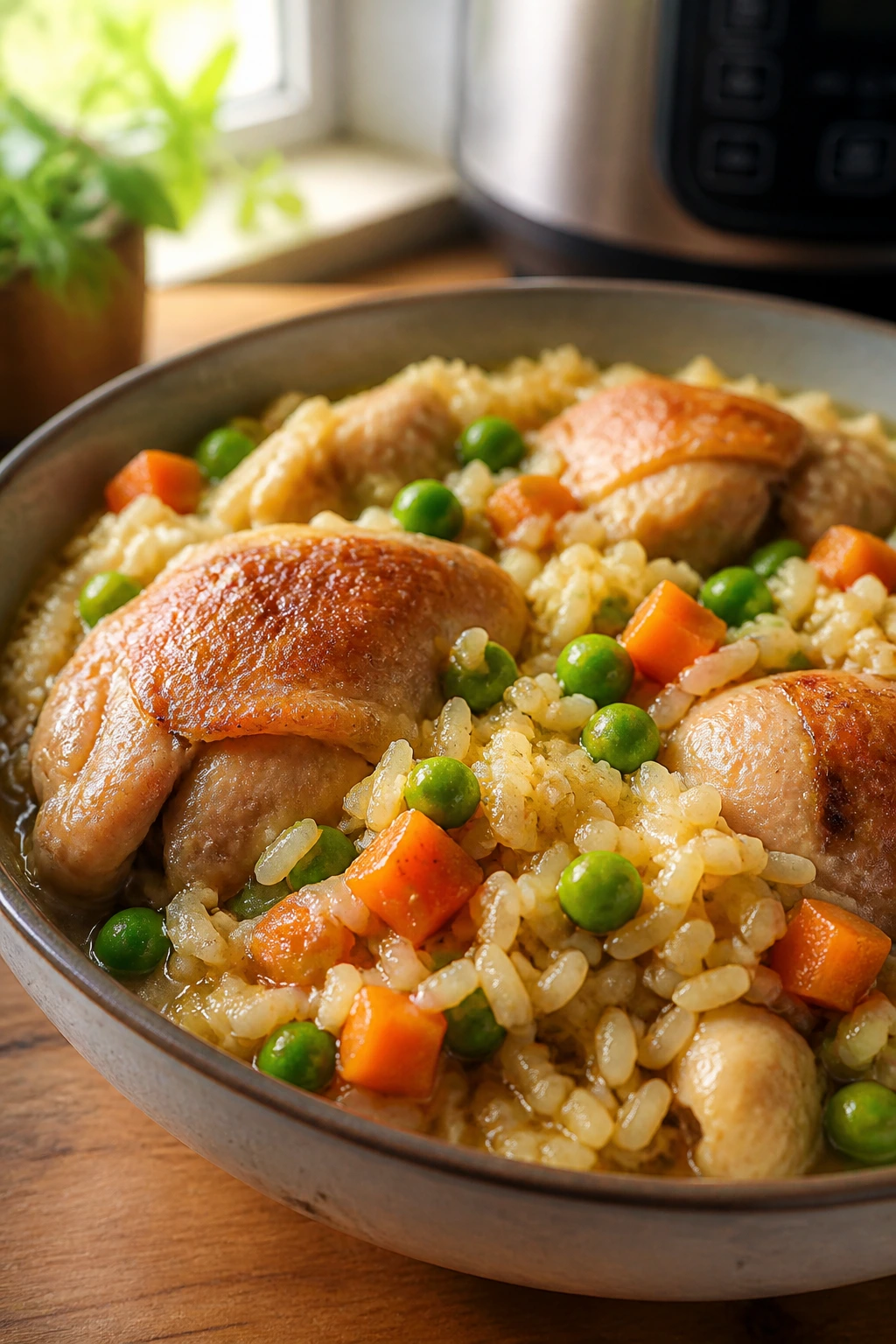 Close-up of a steaming bowl of chicken and rice with peas and carrots in a warm kitchen