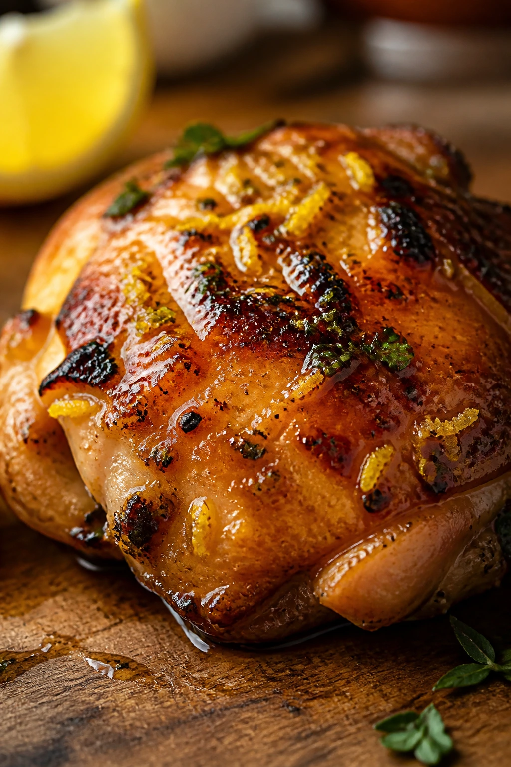 Close-up of a glossy seared chicken thigh in sauce on a wooden counter