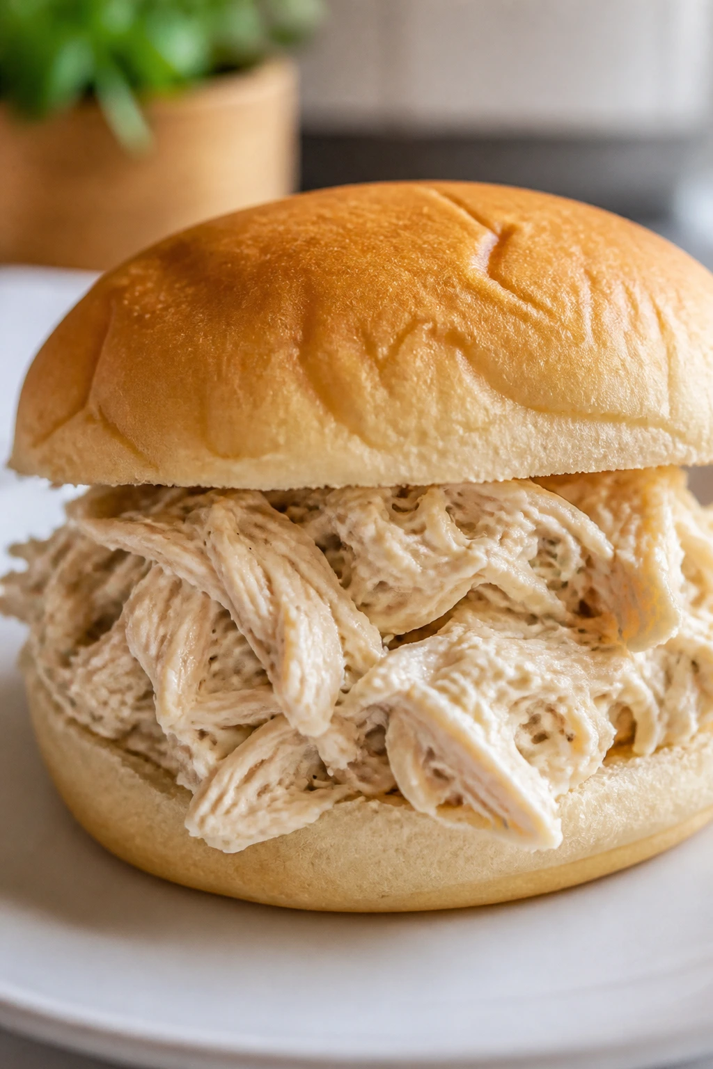 Close-up of a ranch chicken sandwich filling on a plate, creamy texture visible