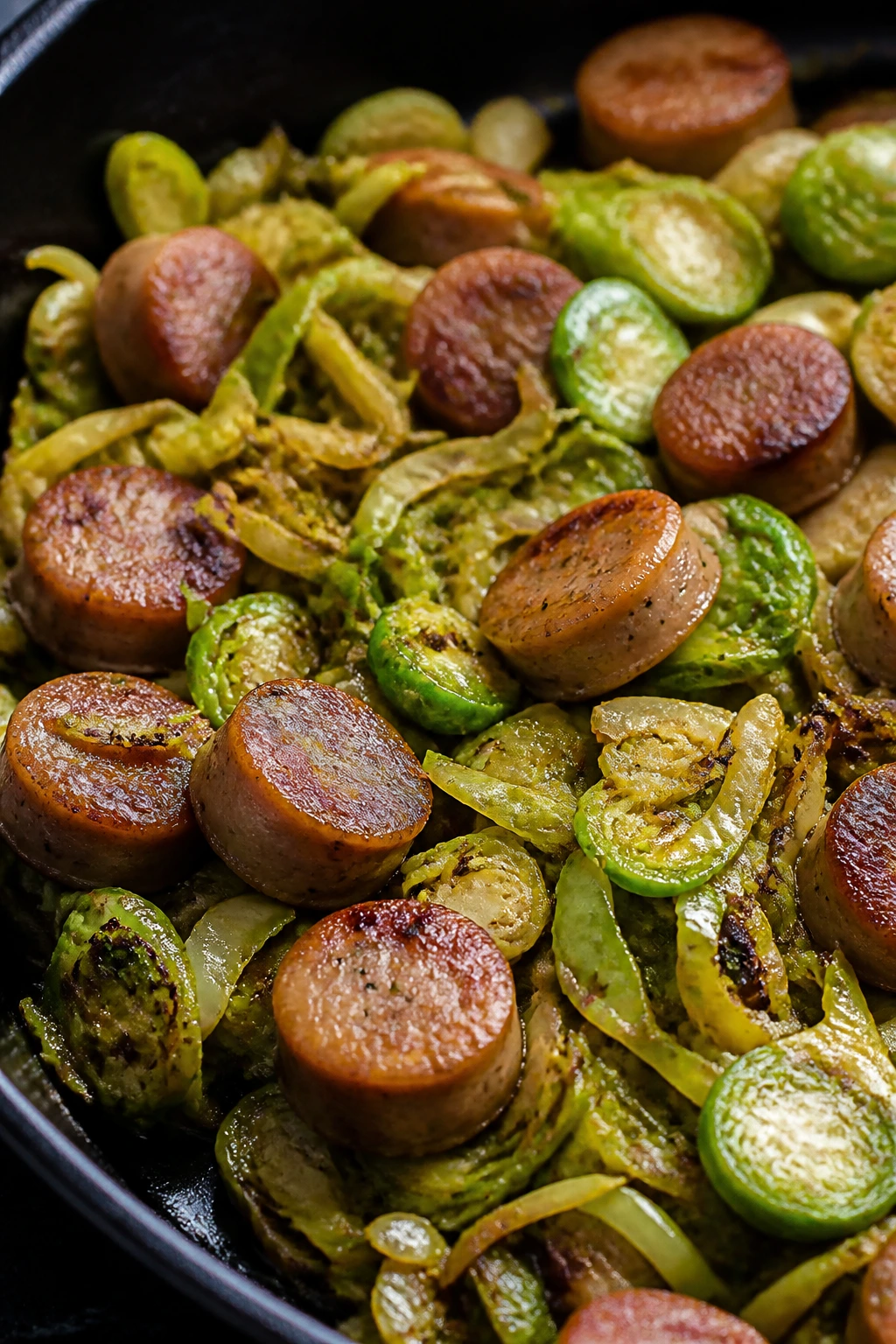 Sliced chicken sausage with Brussels sprouts in skillet