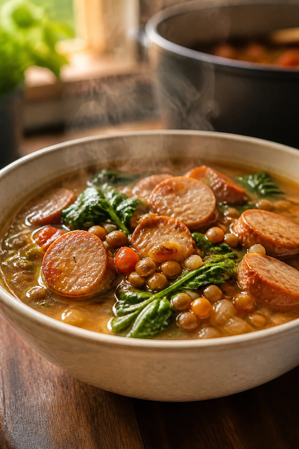 Close-up of a steaming bowl of chicken sausage and lentil soup with sausage slices, lentils, and spinach