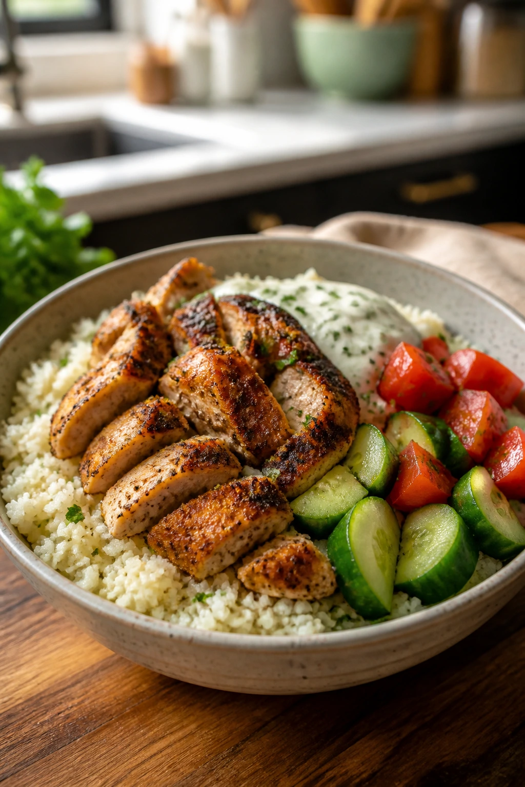 Close-up of chicken shawarma cauliflower rice bowl with cucumber and tomato