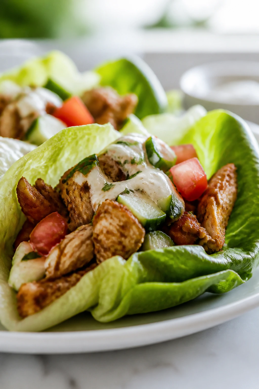 Lettuce wrap filled with spiced chicken on plate