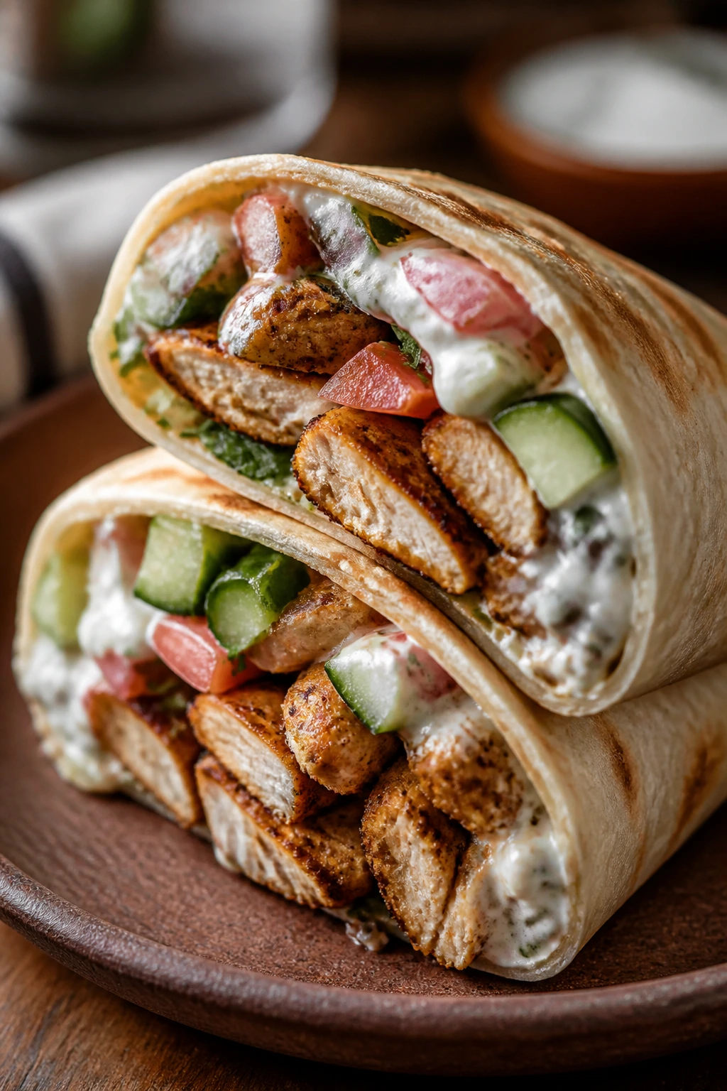 Herbed chicken shawarma pita wraps cut open