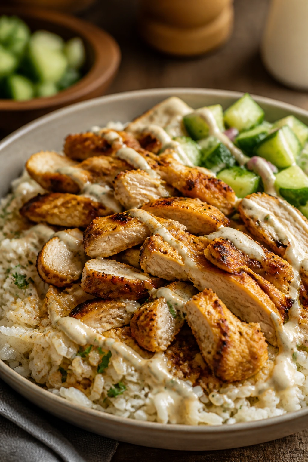 Close-up of chicken shawarma rice plate with cucumber on a warm kitchen setting.