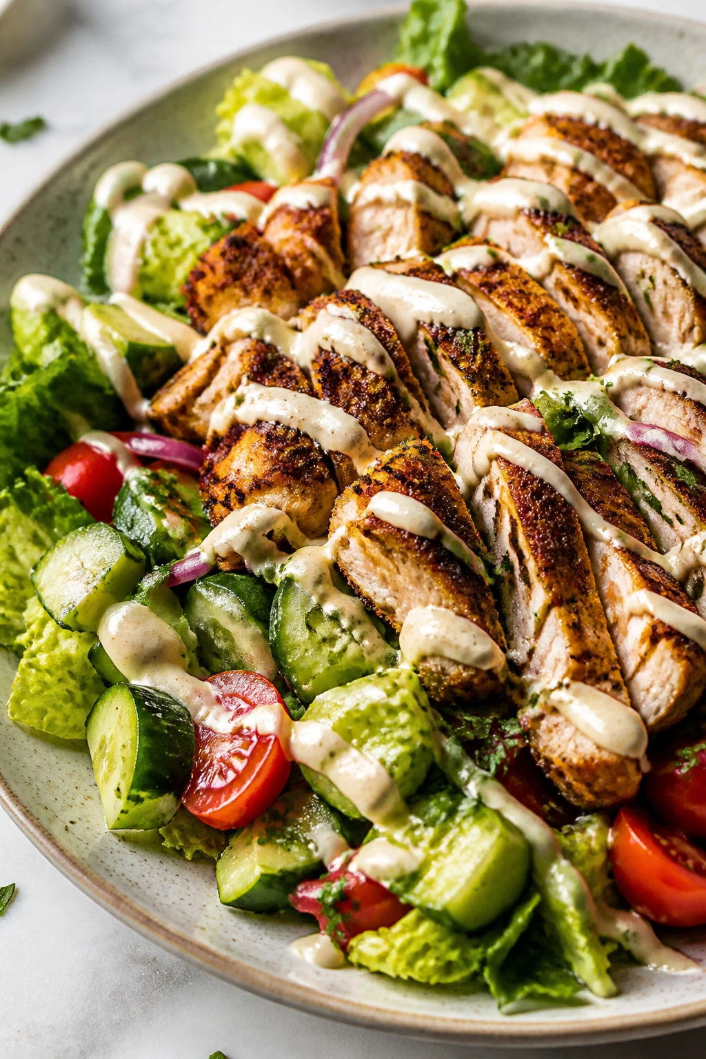 Plated chicken shawarma salad with greens and cucumber