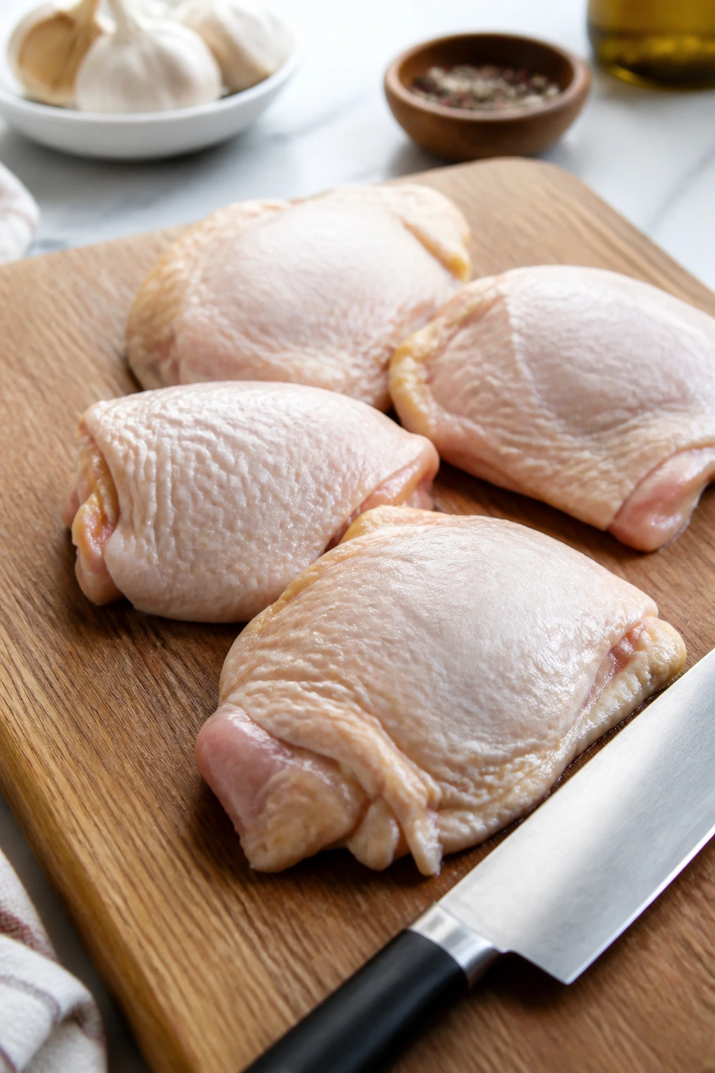 Raw chicken thighs on cutting board with knife in bright kitchen