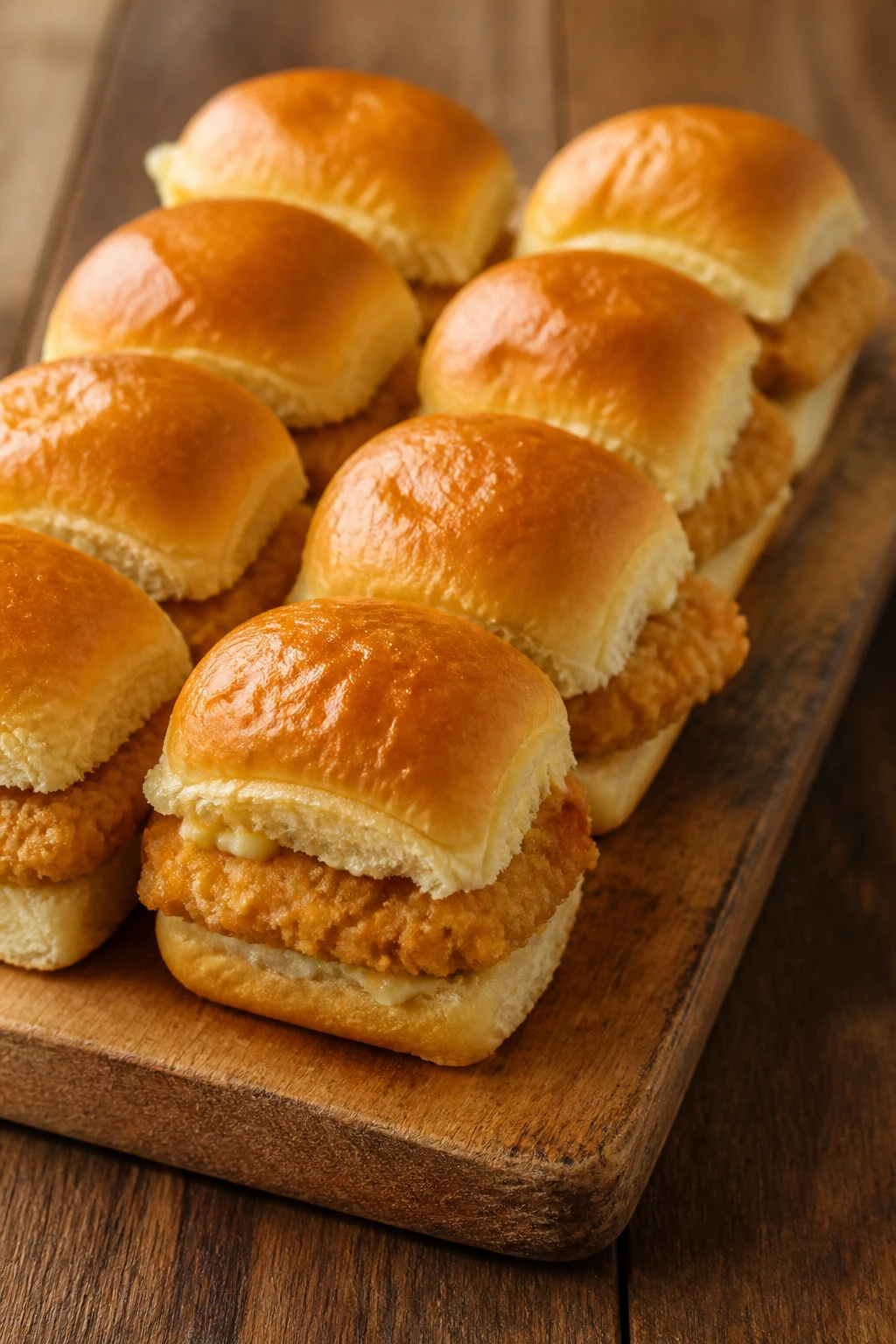 Chicken sliders arranged on a wooden board ready to serve