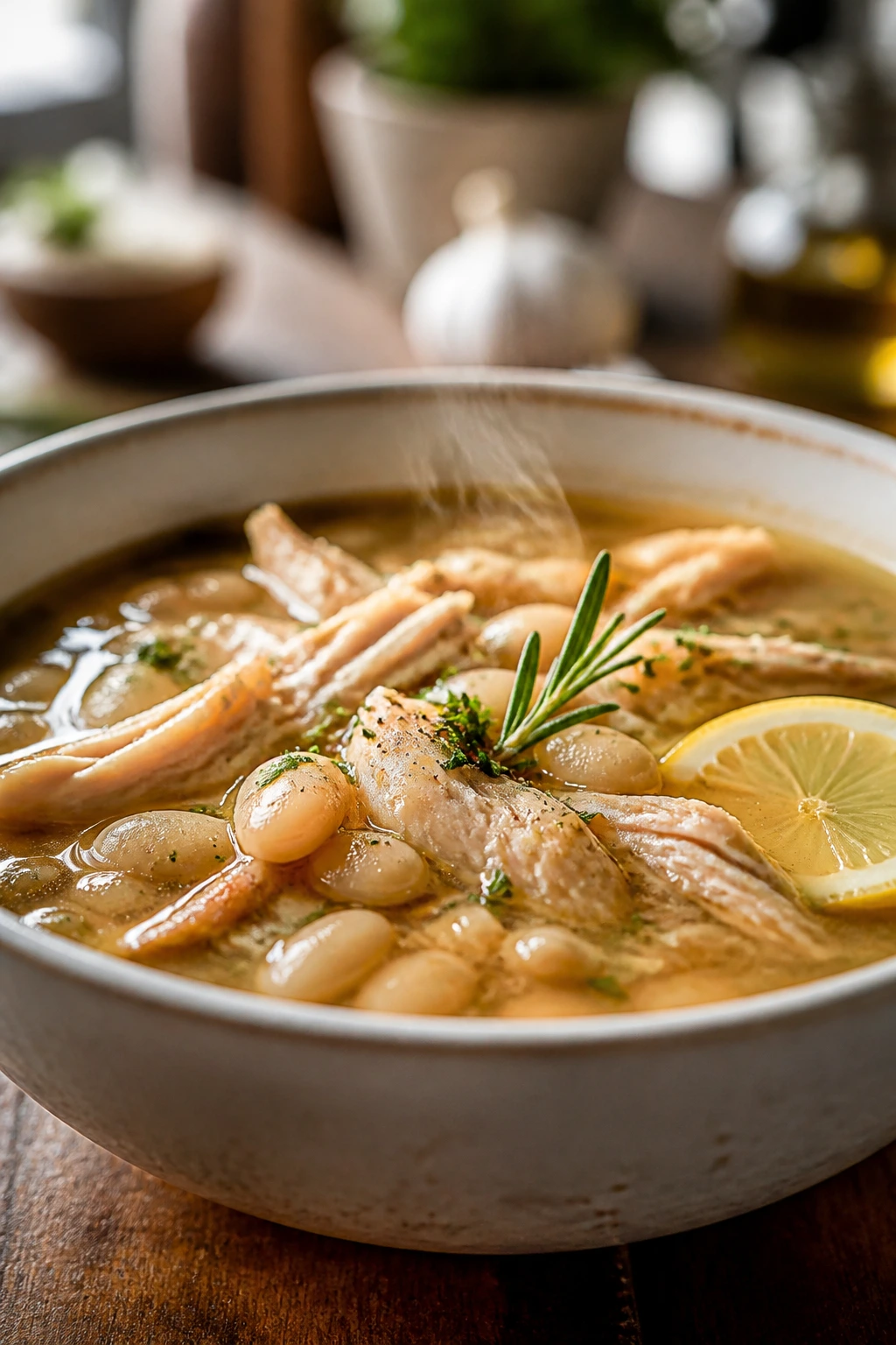 Close-up of a steaming bowl of chicken white bean soup with cannellini beans in a rustic kitchen