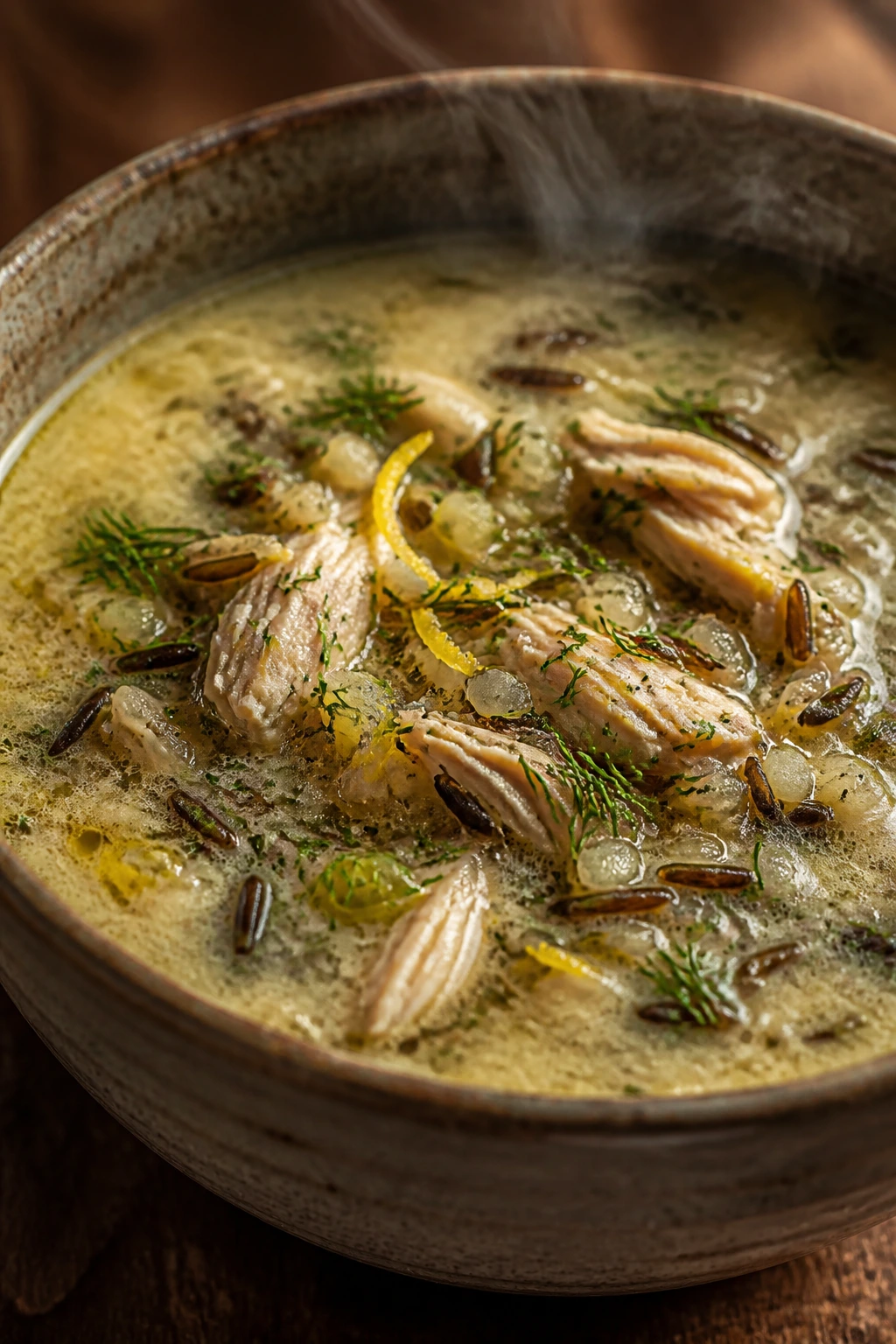 Close-up of a steaming chicken wild rice soup with dill in a rustic bowl