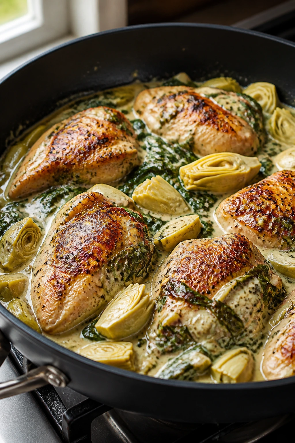 Close-up of chicken in spinach artichoke creamy sauce