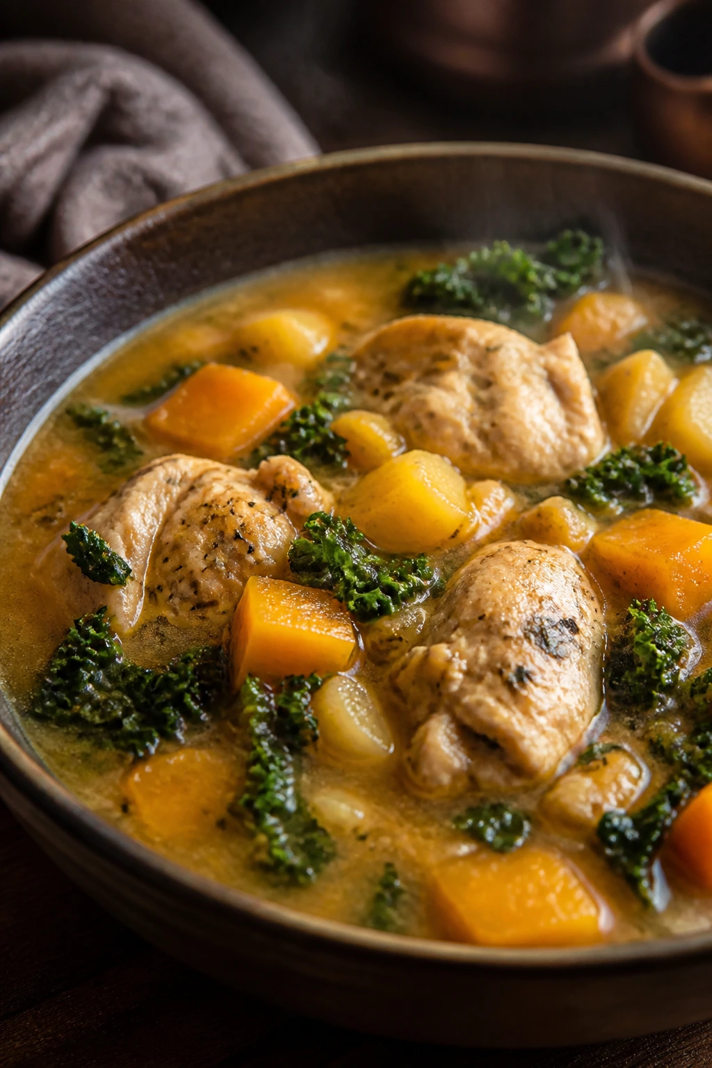 Chicken and butternut squash stew close-up with kale in bowl