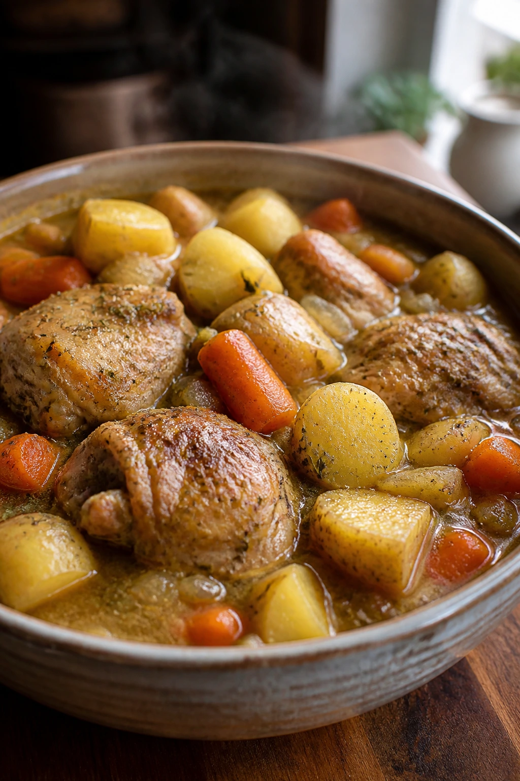 Close-up of chicken and potato stew in a rustic bowl with steam
