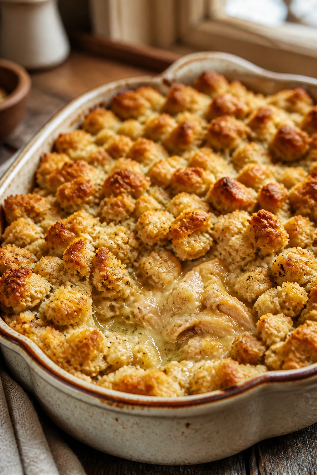 Close-up of chicken and stuffing casserole in rustic kitchen, golden topping and steam