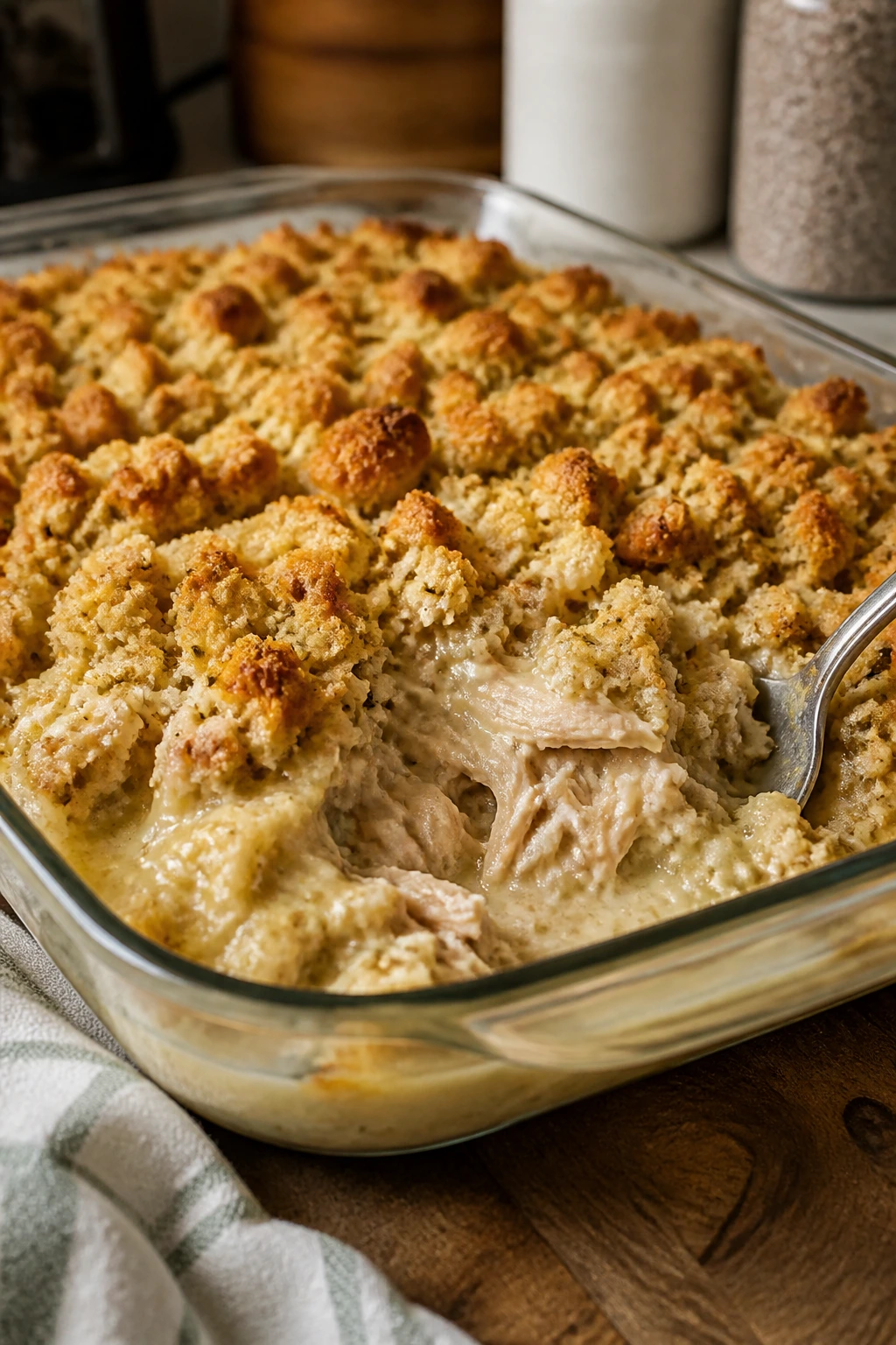 Close-up of chicken and stuffing casserole in a baking dish
