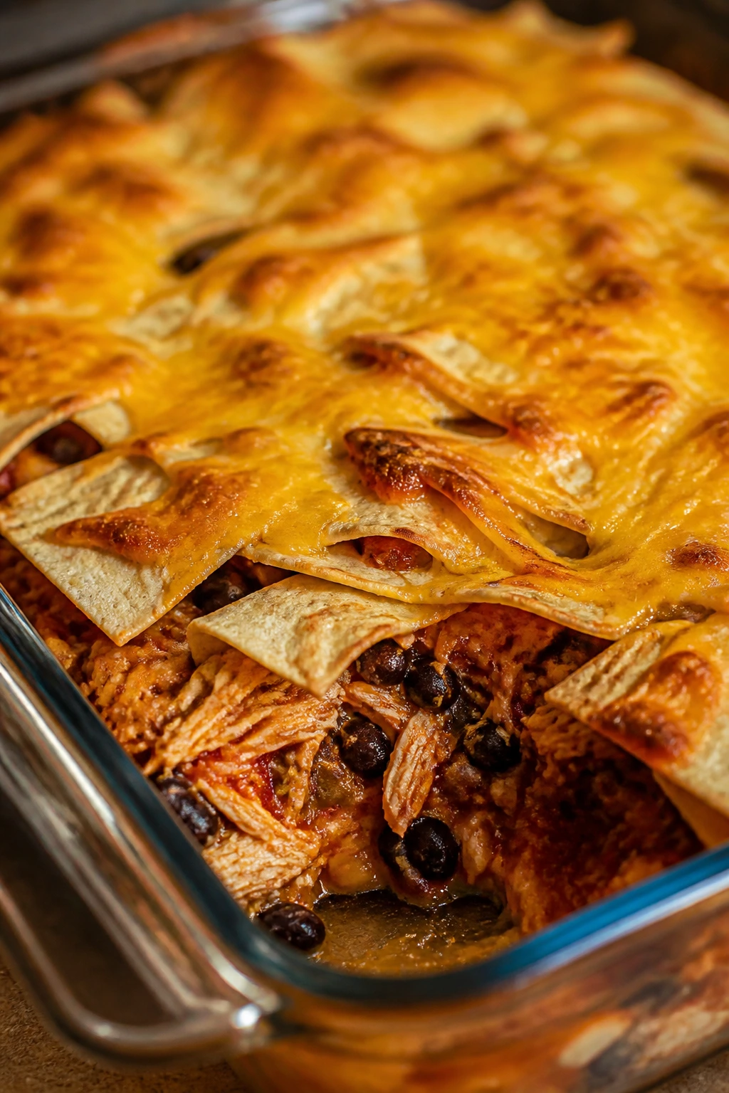 Close-up of chicken taco tortilla bake with cheese and tortilla layers