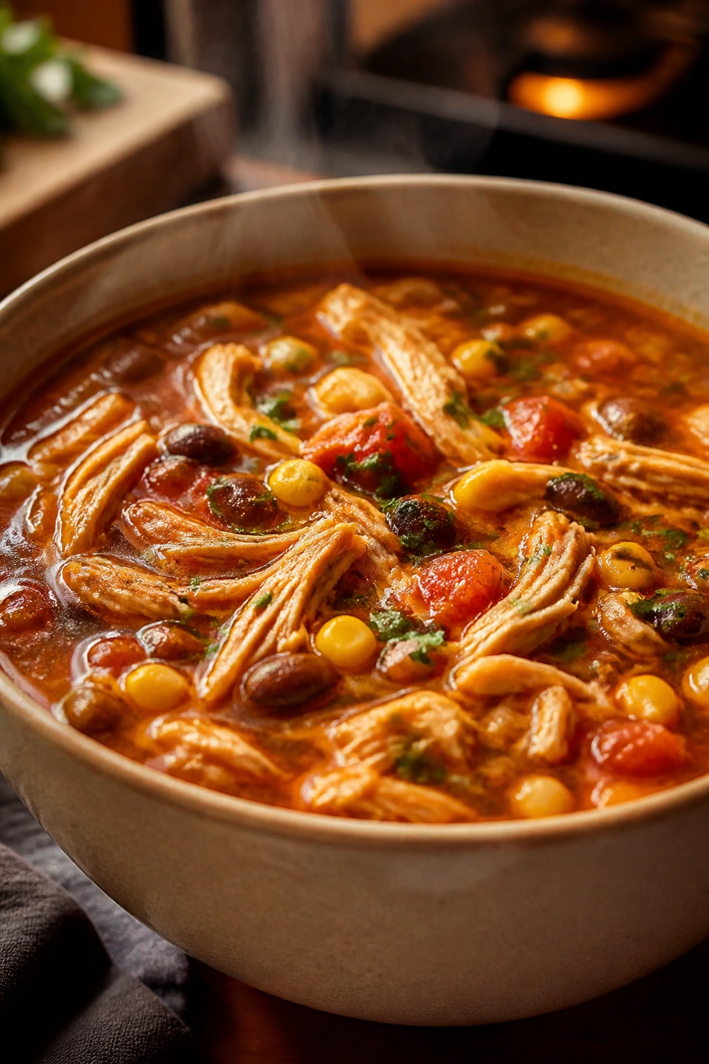 Steaming chicken taco soup in a bowl with beans and corn.