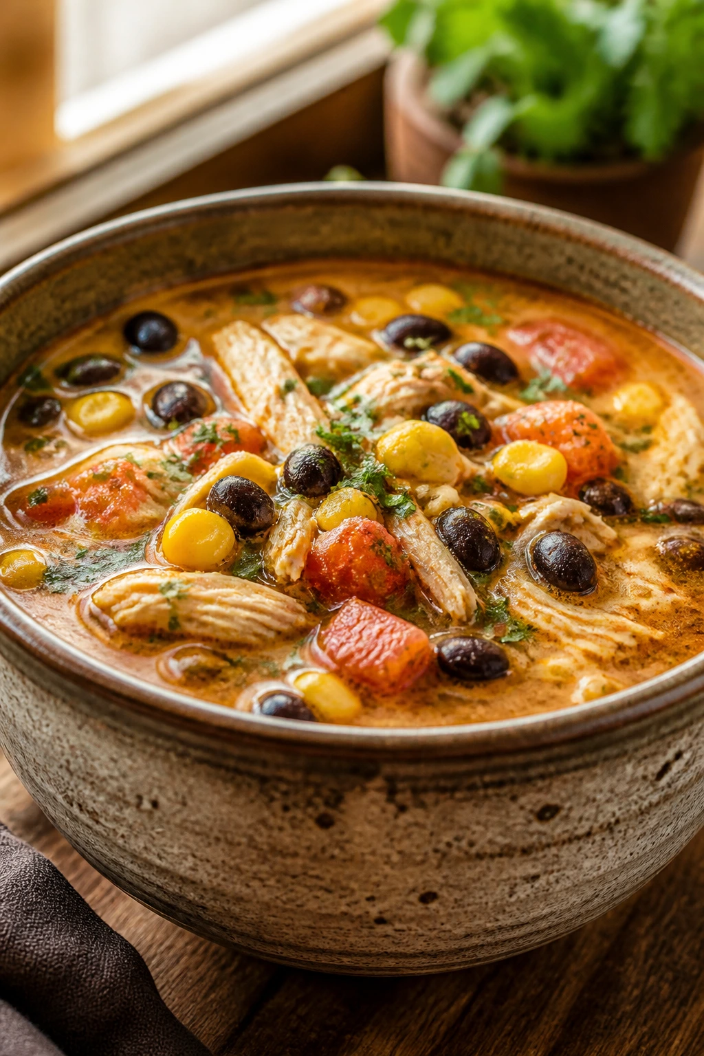 Close-up of hearty chicken taco soup with corn and beans in a rustic bowl