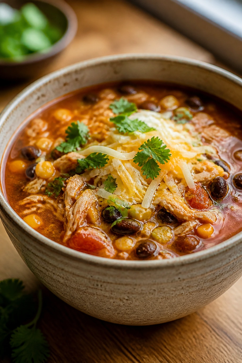 Close-up of chicken taco soup in a rustic bowl with beans and corn, warm kitchen light.