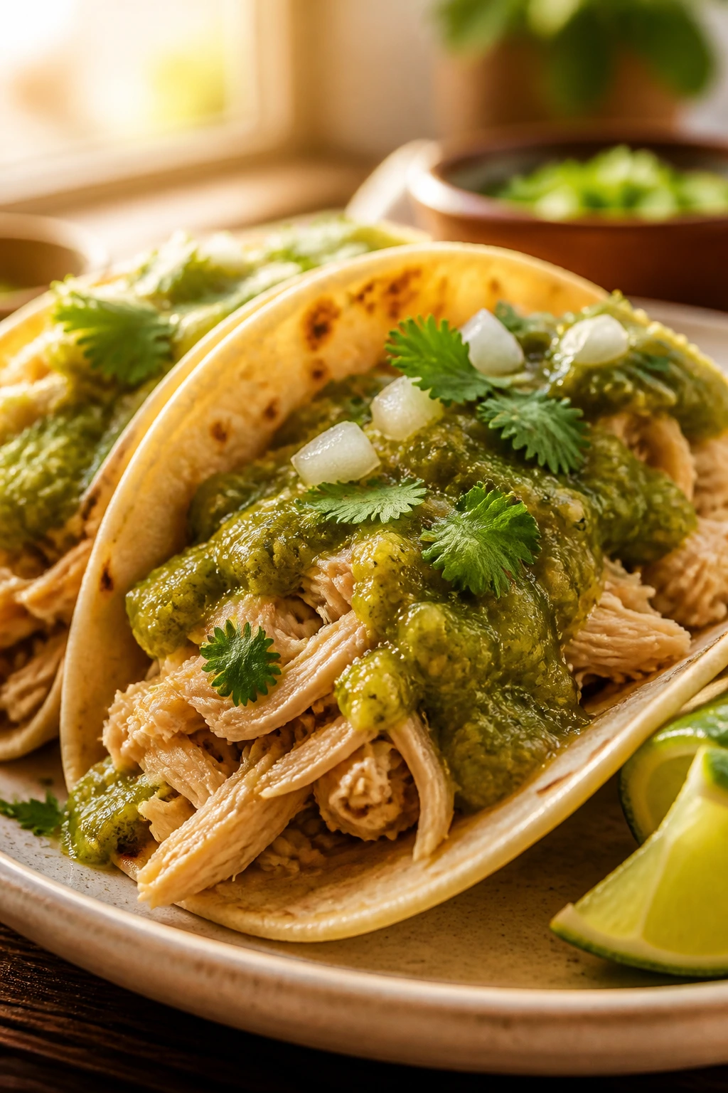 Close-up of two chicken tacos with salsa verde on a plate