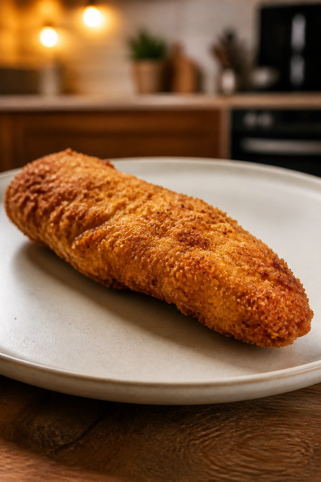 Chicken tender on plate in cozy kitchen
