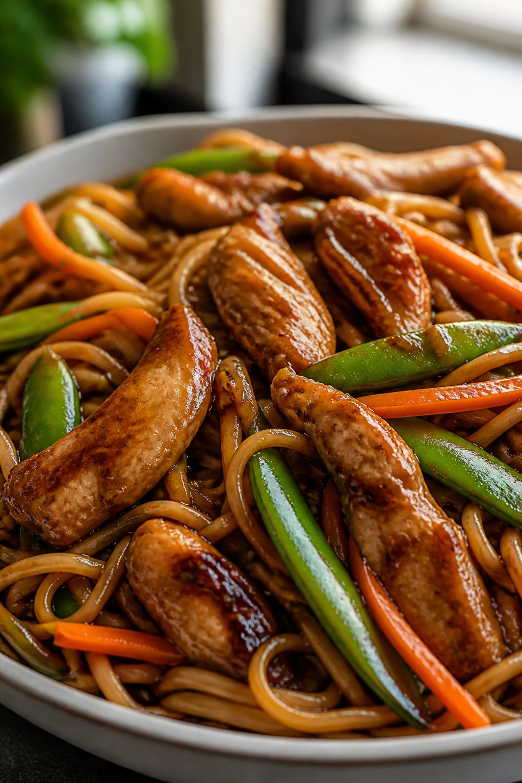 Close-up of chicken teriyaki noodles stir-fry