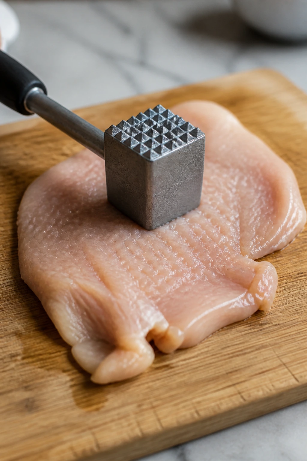 Chicken breast being pounded to even thickness on cutting board