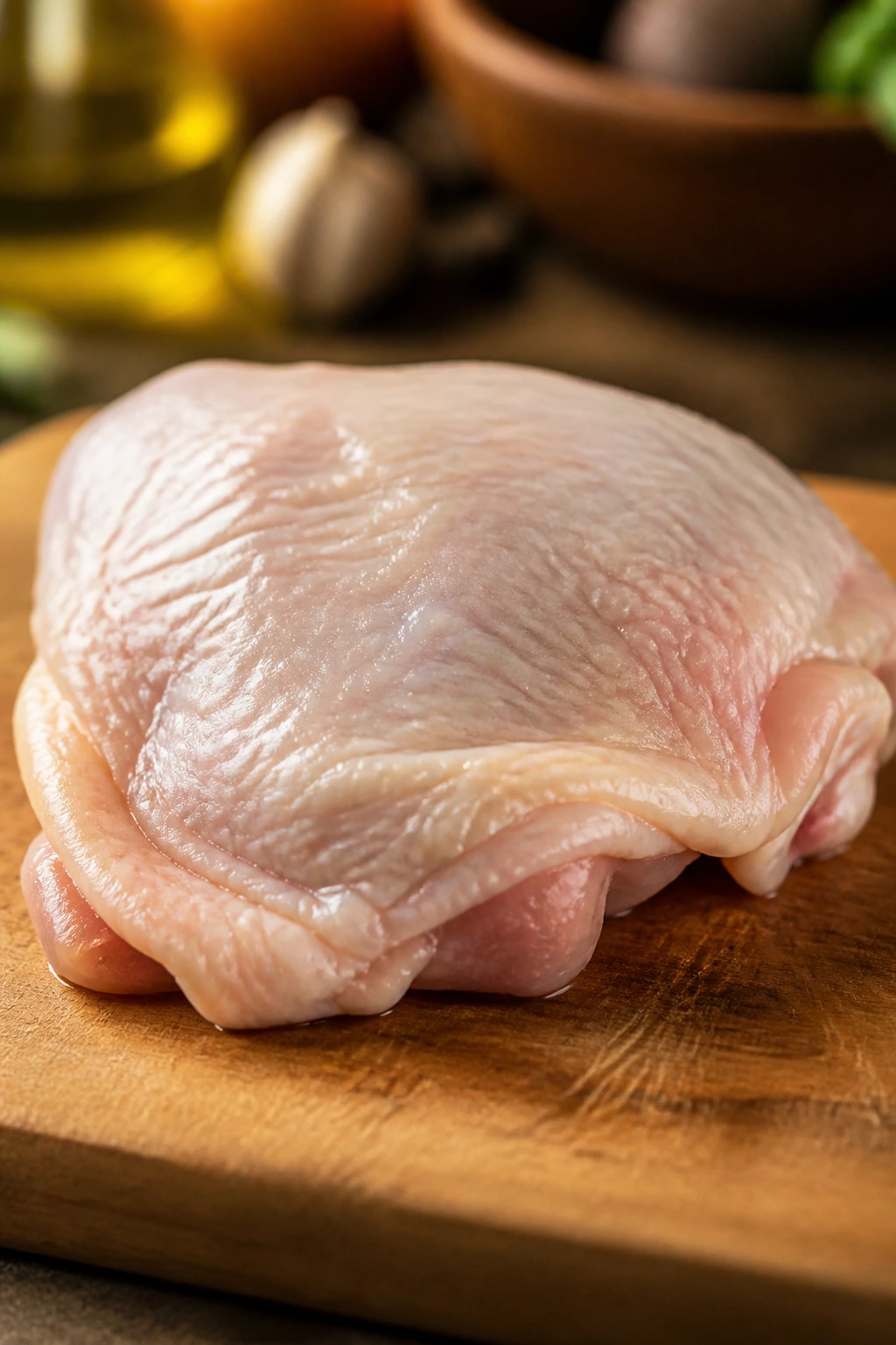 Close-up of a raw chicken thigh on a cutting board in a kitchen