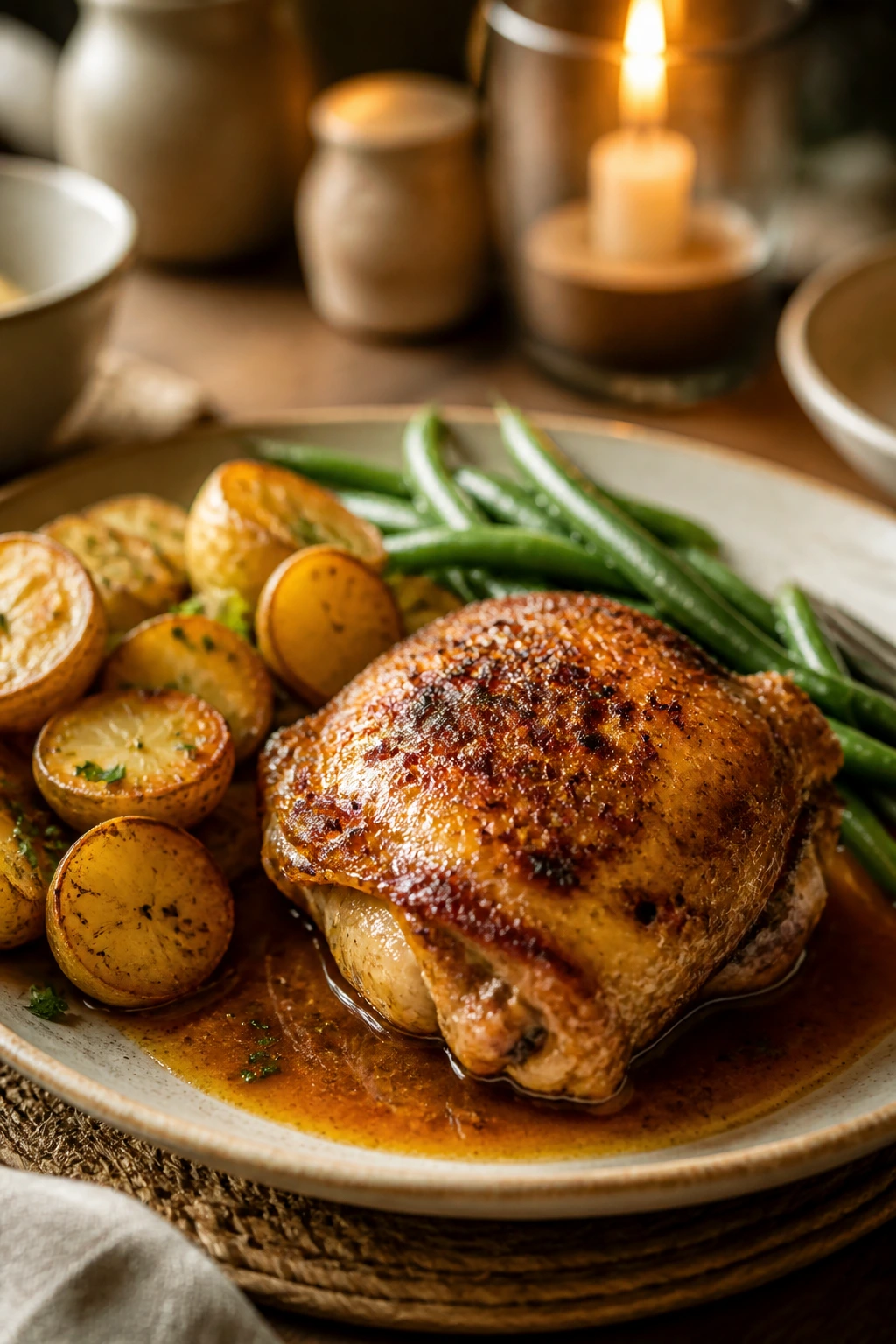 Close-up of plated chicken thigh dinner with sides on a warm plate