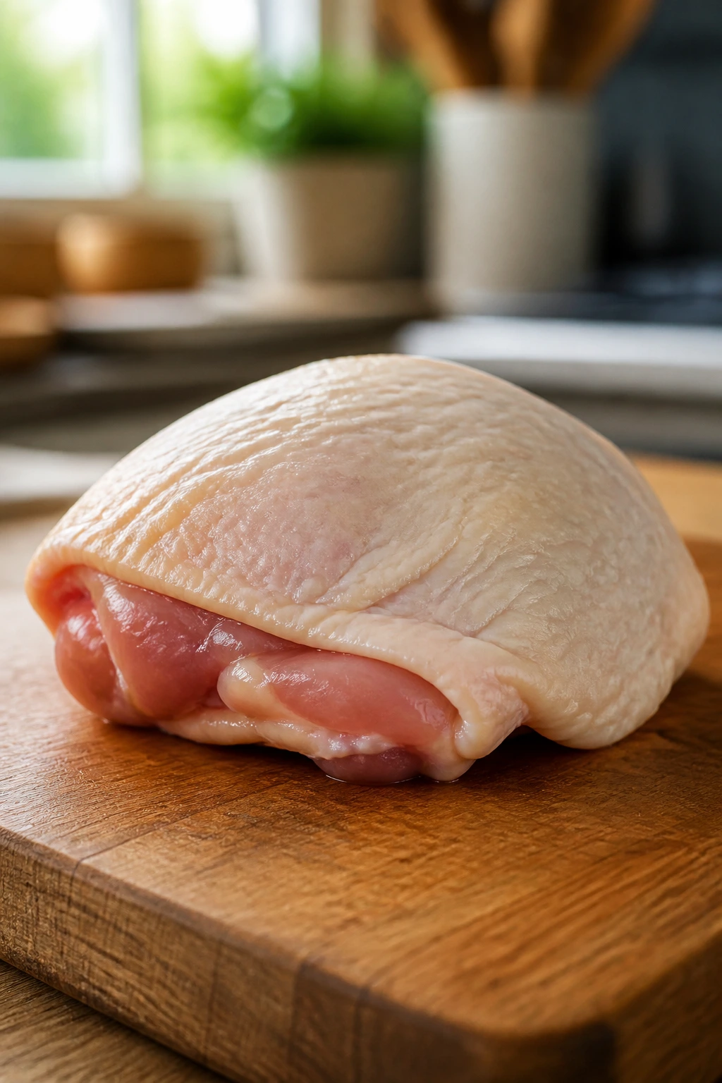 Close-up of chicken thigh on cutting board in a bright kitchen