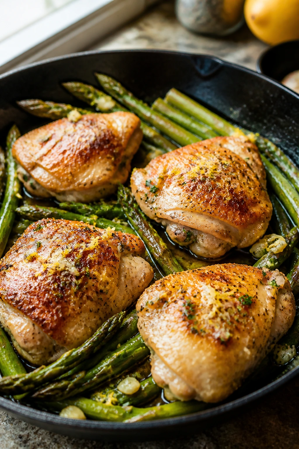 Close-up of lemon-garlic chicken thighs with asparagus in a skillet