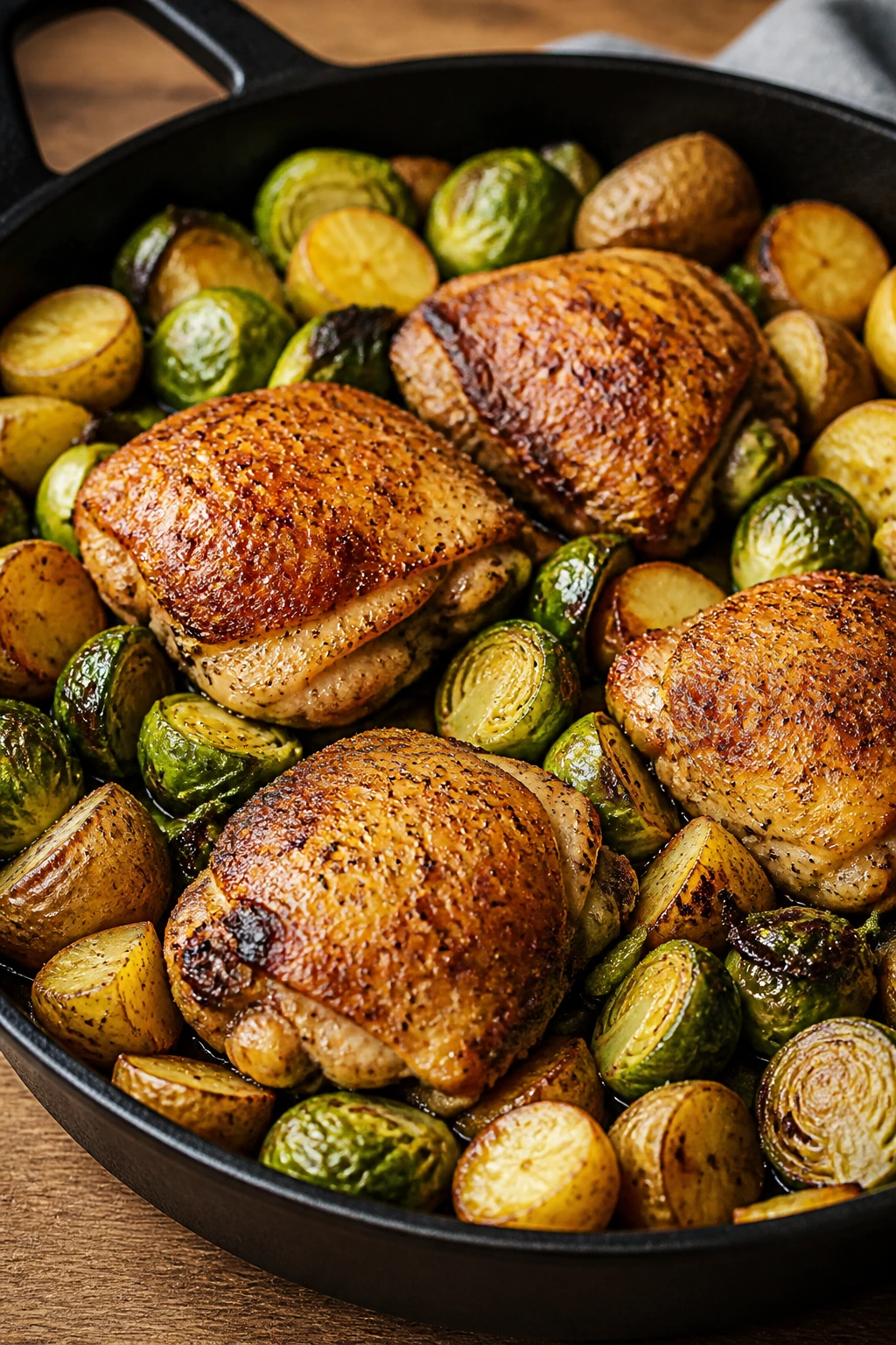 Close-up of chicken thighs with Brussels sprouts and potatoes