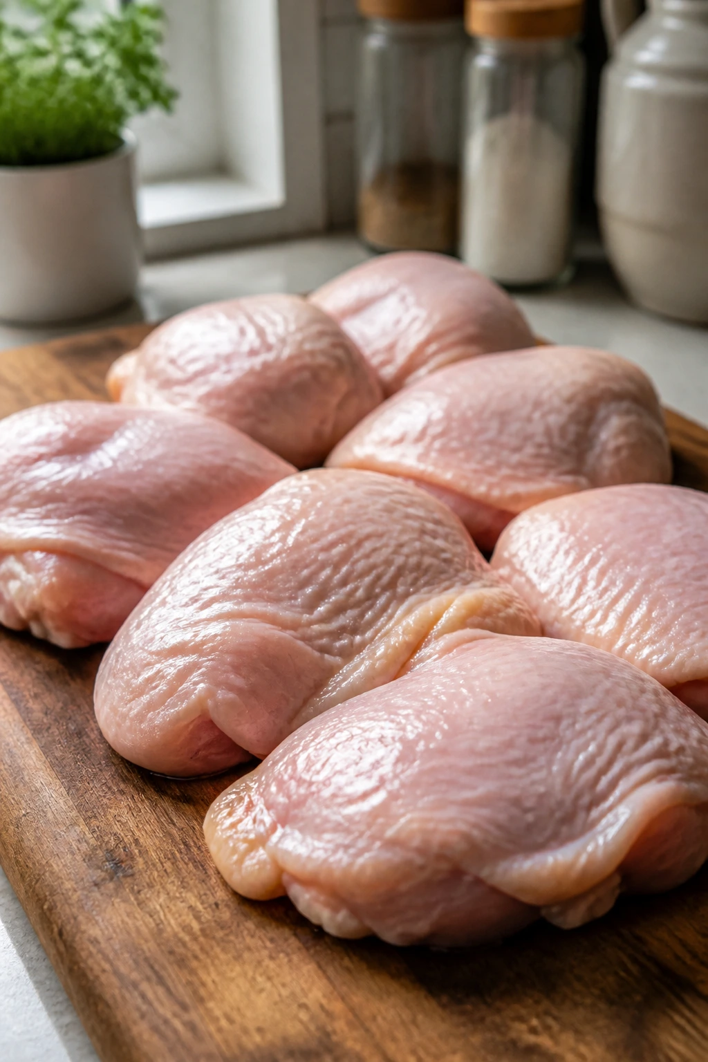 Close-up of chicken thighs on a cutting board in a sunny kitchen
