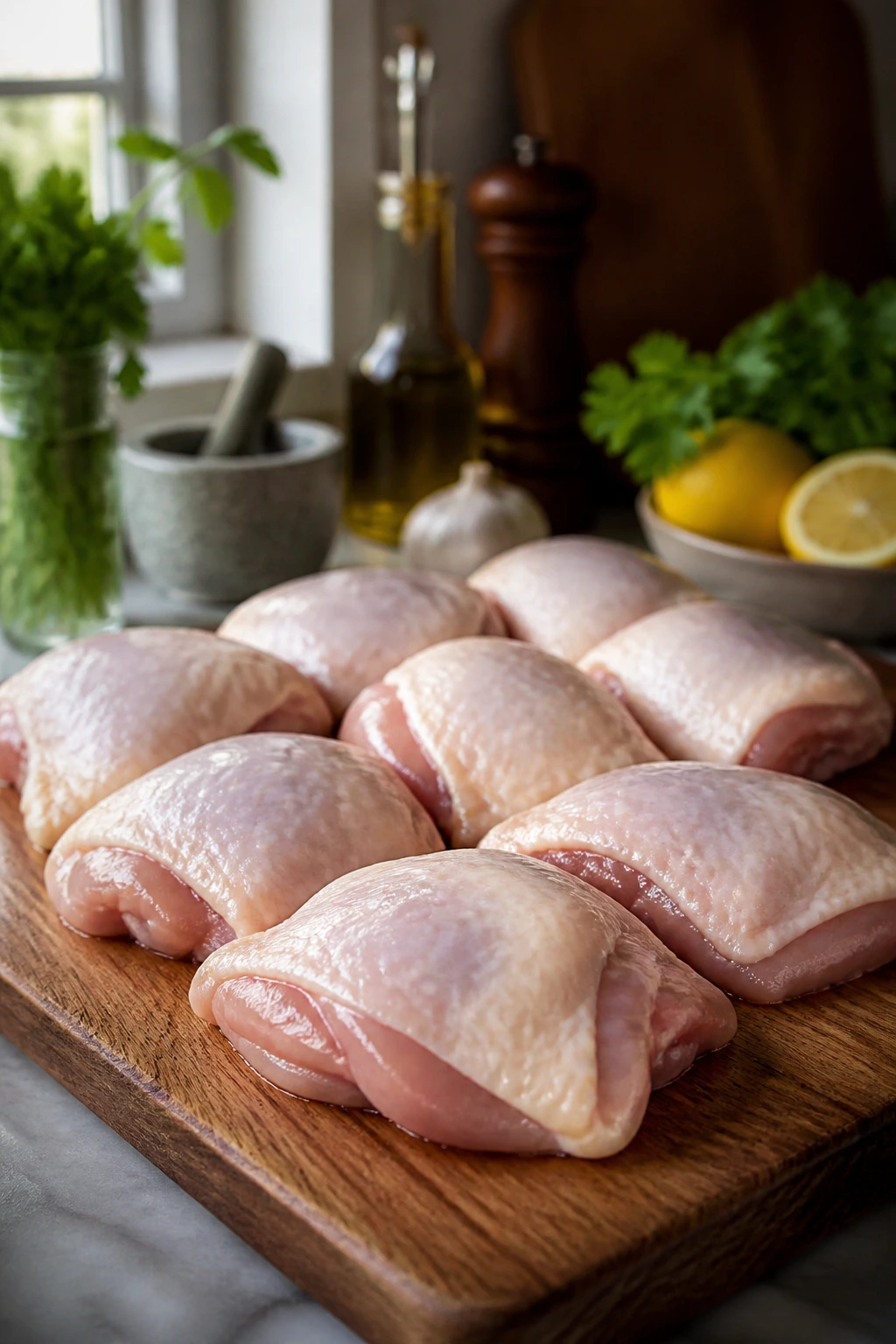 Fresh chicken thighs on a cutting board in a kitchen, representing smart shopping and ingredients.