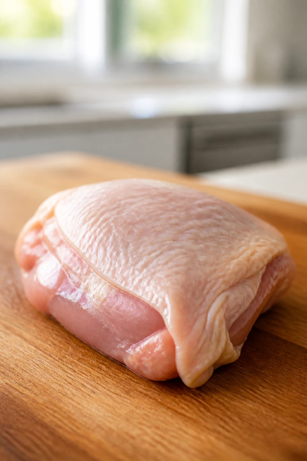 Close-up of a chicken thigh on a cutting board representing smart protein shopping for teens
