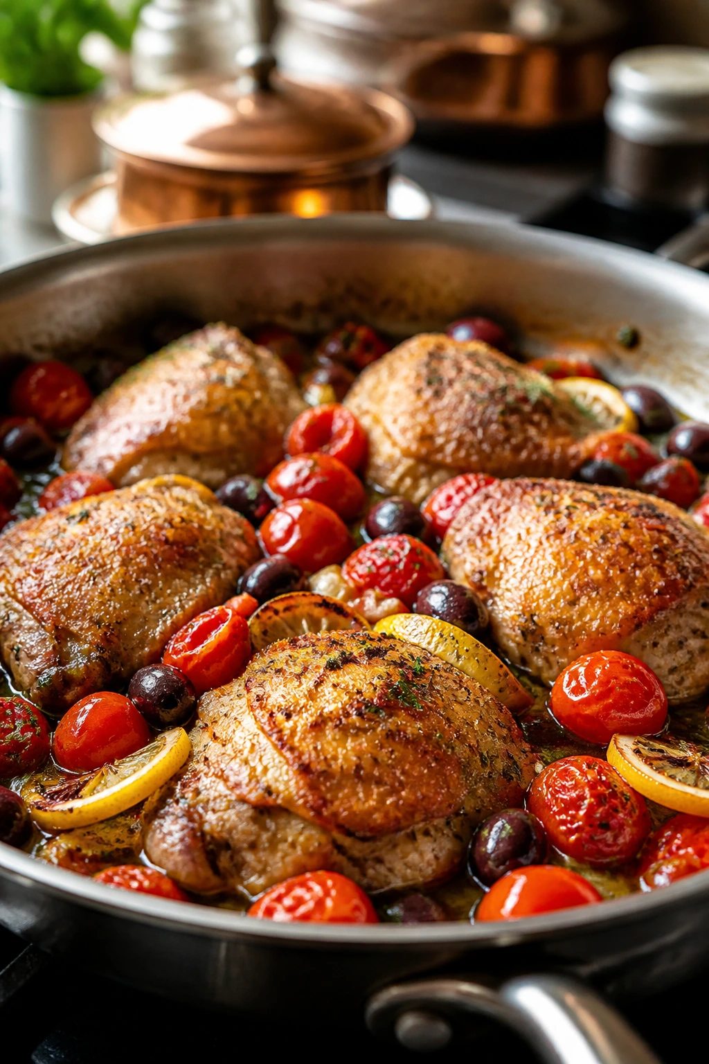 Bronzed chicken thighs in skillet with tomatoes and olives