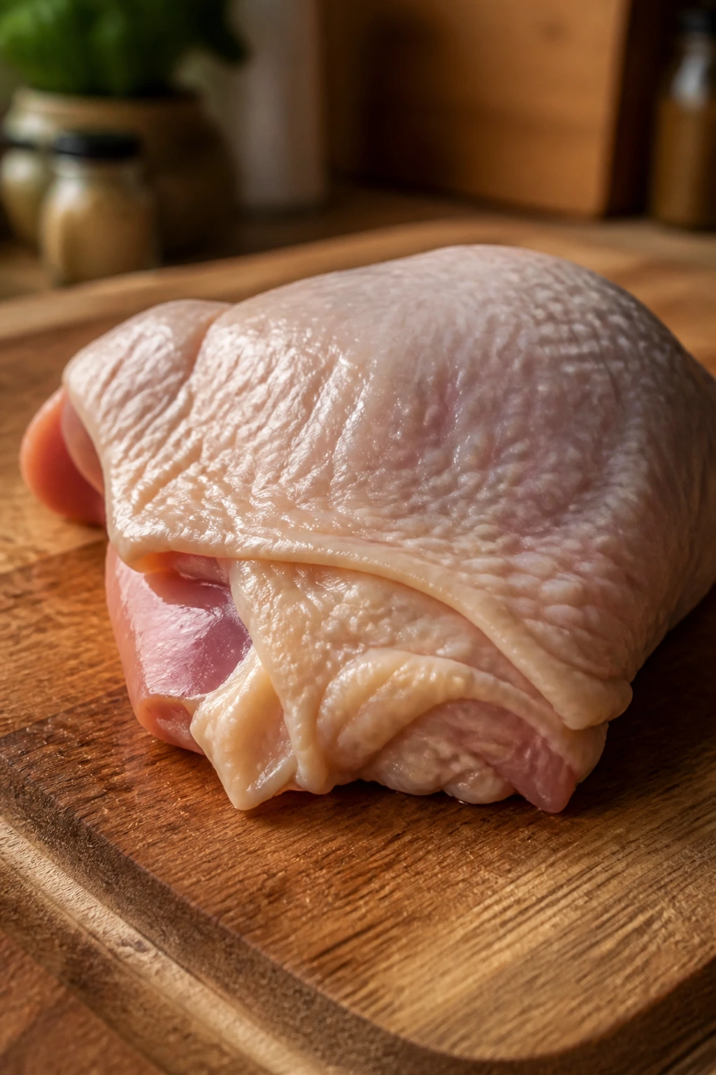 Close-up of a bone-in chicken thigh on a cutting board in a warm kitchen