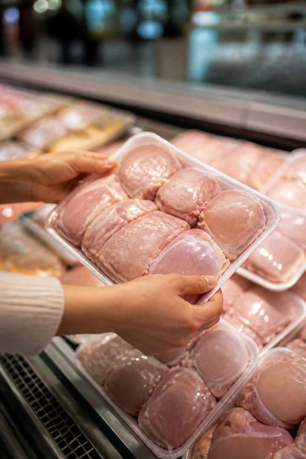 Hands selecting chicken thighs in a grocery store