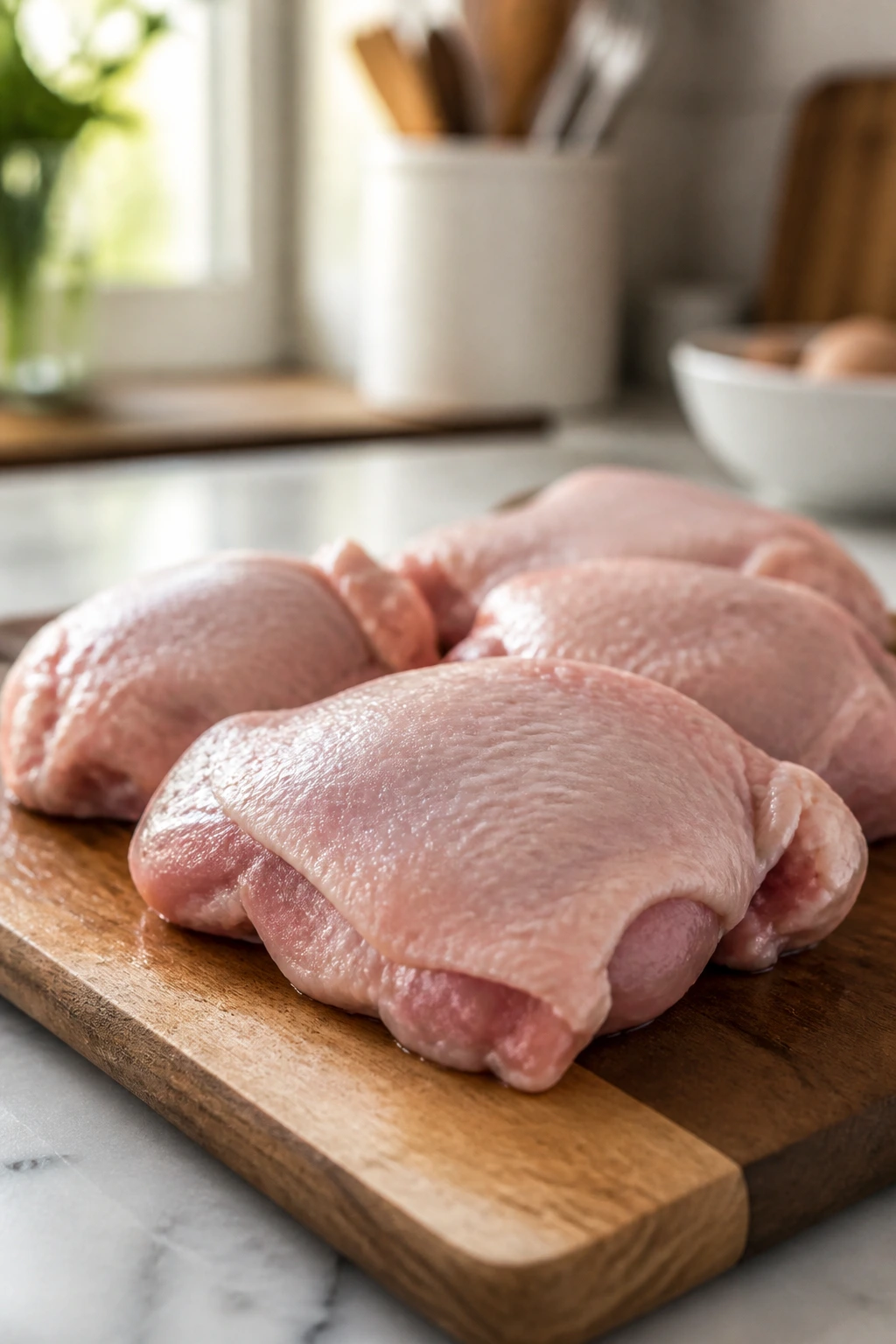 Raw chicken thigh on cutting board for smart shopping tip