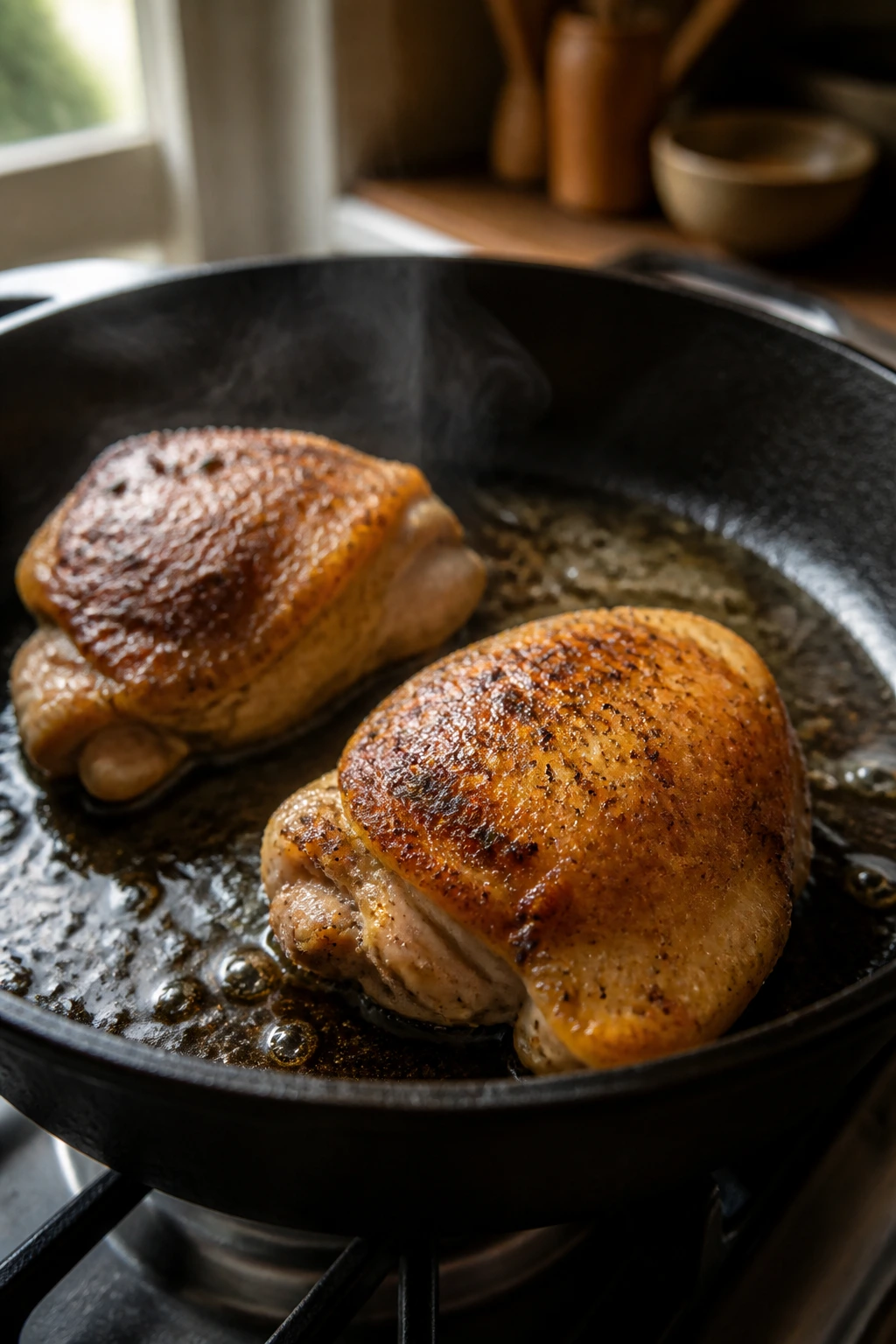 Close-up of browned chicken thighs in a skillet with olive oil