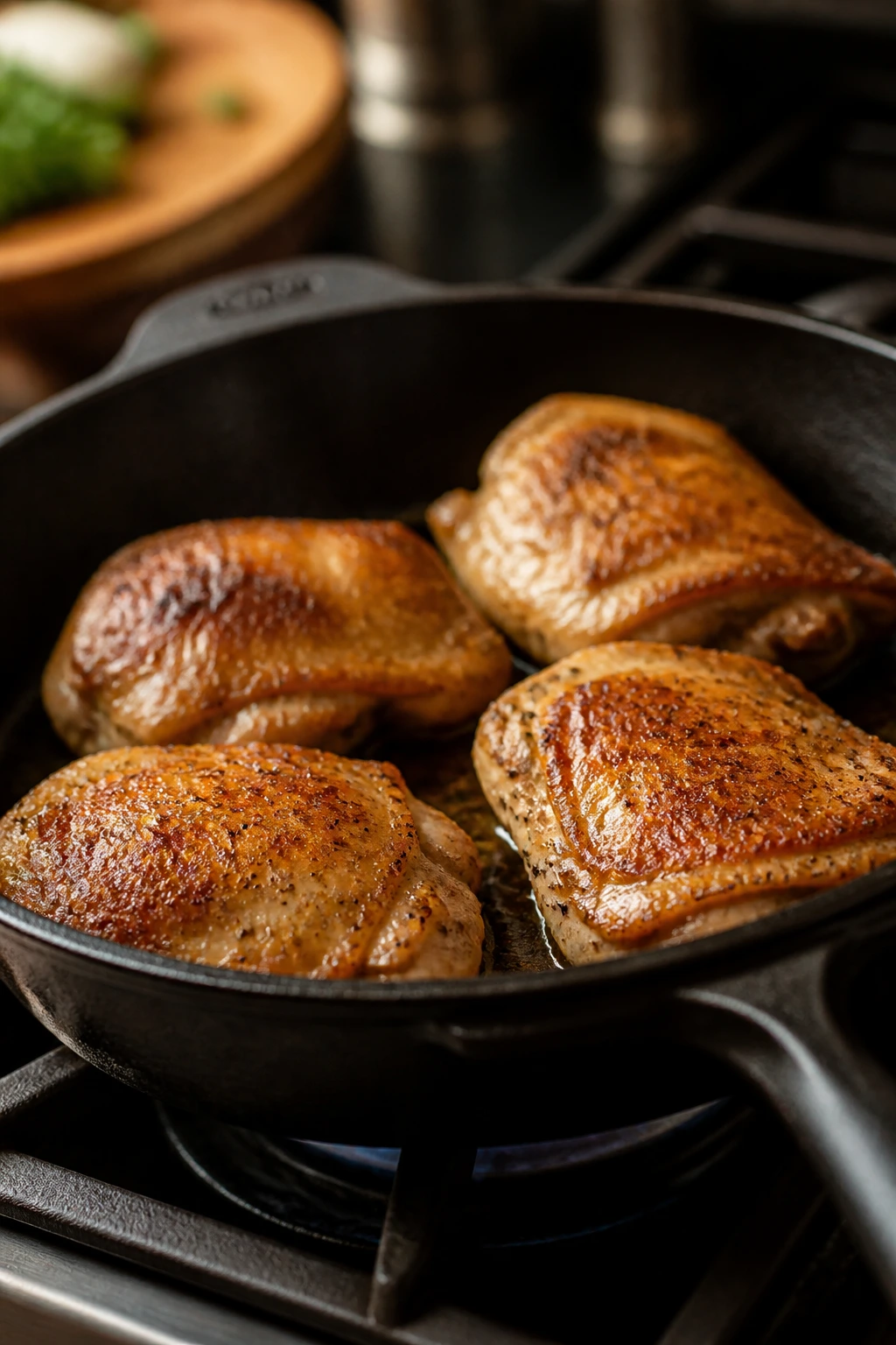 Chicken thighs browning in a skillet during cooking