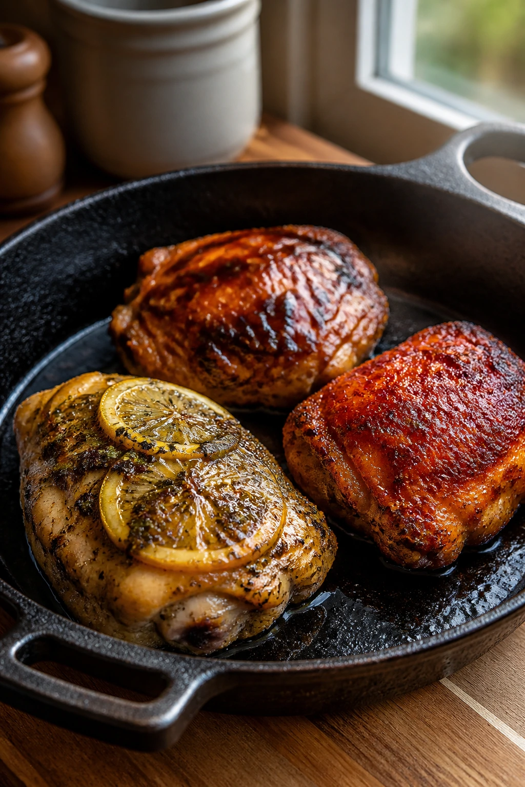 Close-up of three glazed chicken thighs in a skillet showing lemon-herb, honey-soy, and paprika variations