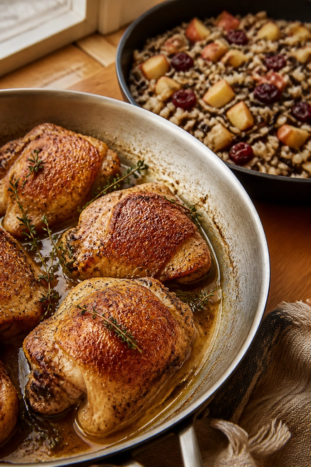 Brown butter chicken thighs with wild rice pilaf and apples