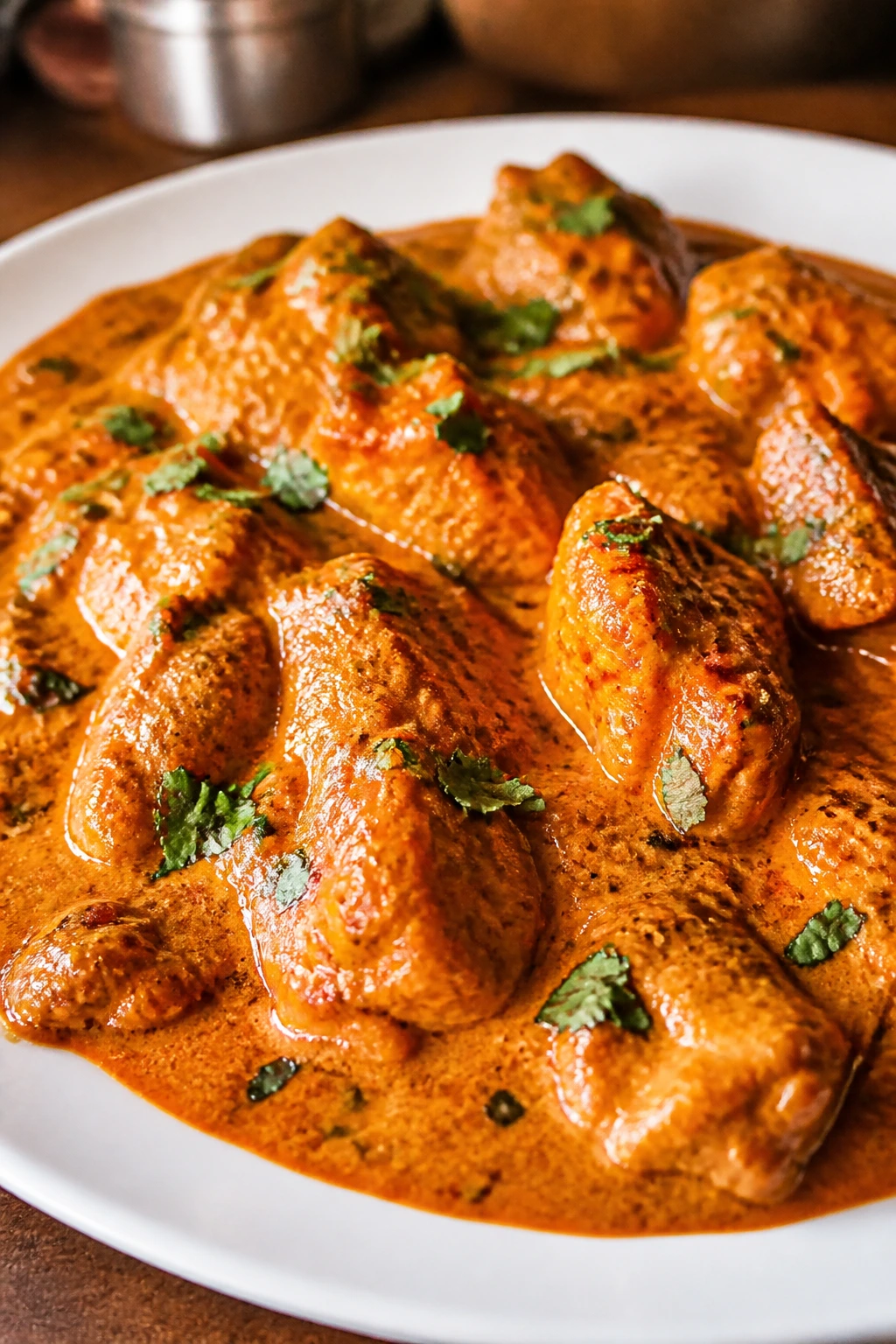 Close-up of chicken tikka masala in orange tomato cream sauce